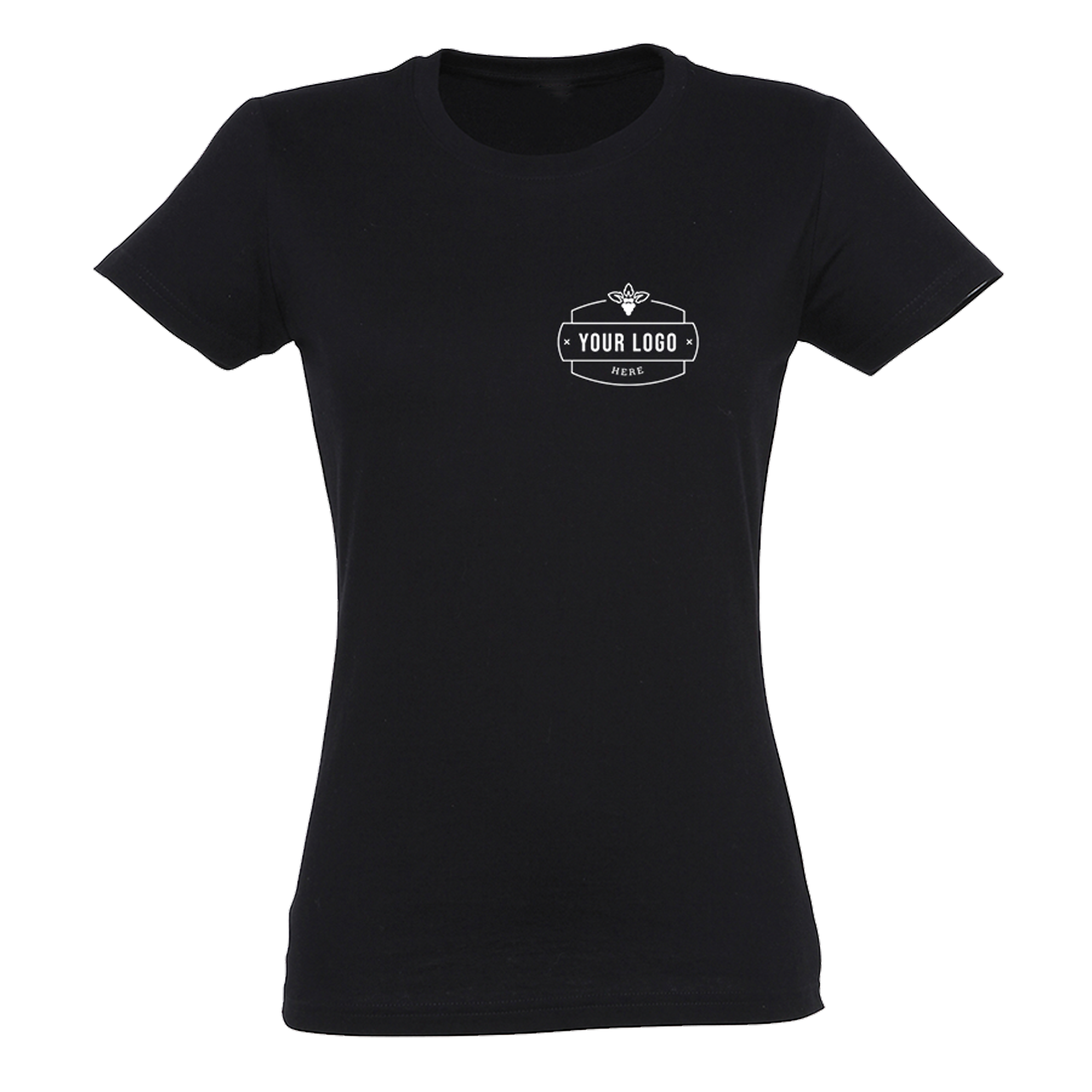 Camiseta de señora negra con un diseño impreso que dice "YOUR LOGO HERE" para personalizar con foto o texto.