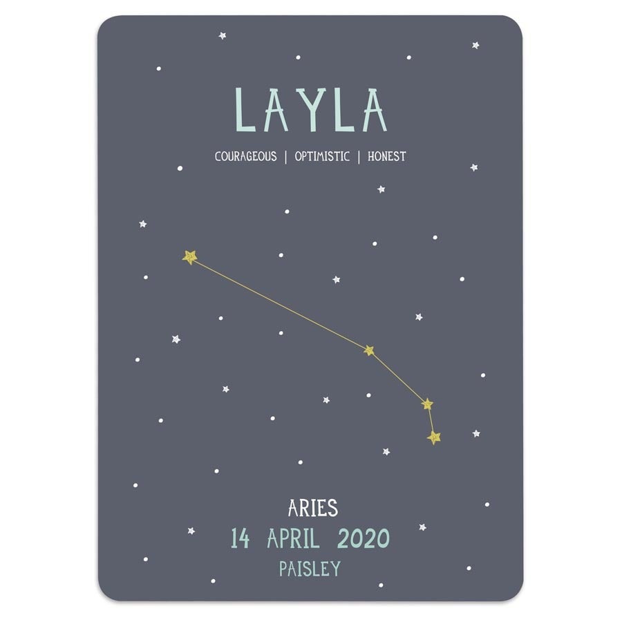 Folha Milestone® para decorar o quarto do bebê personalizada com nome Layla, signo de Áries e data de nascimento