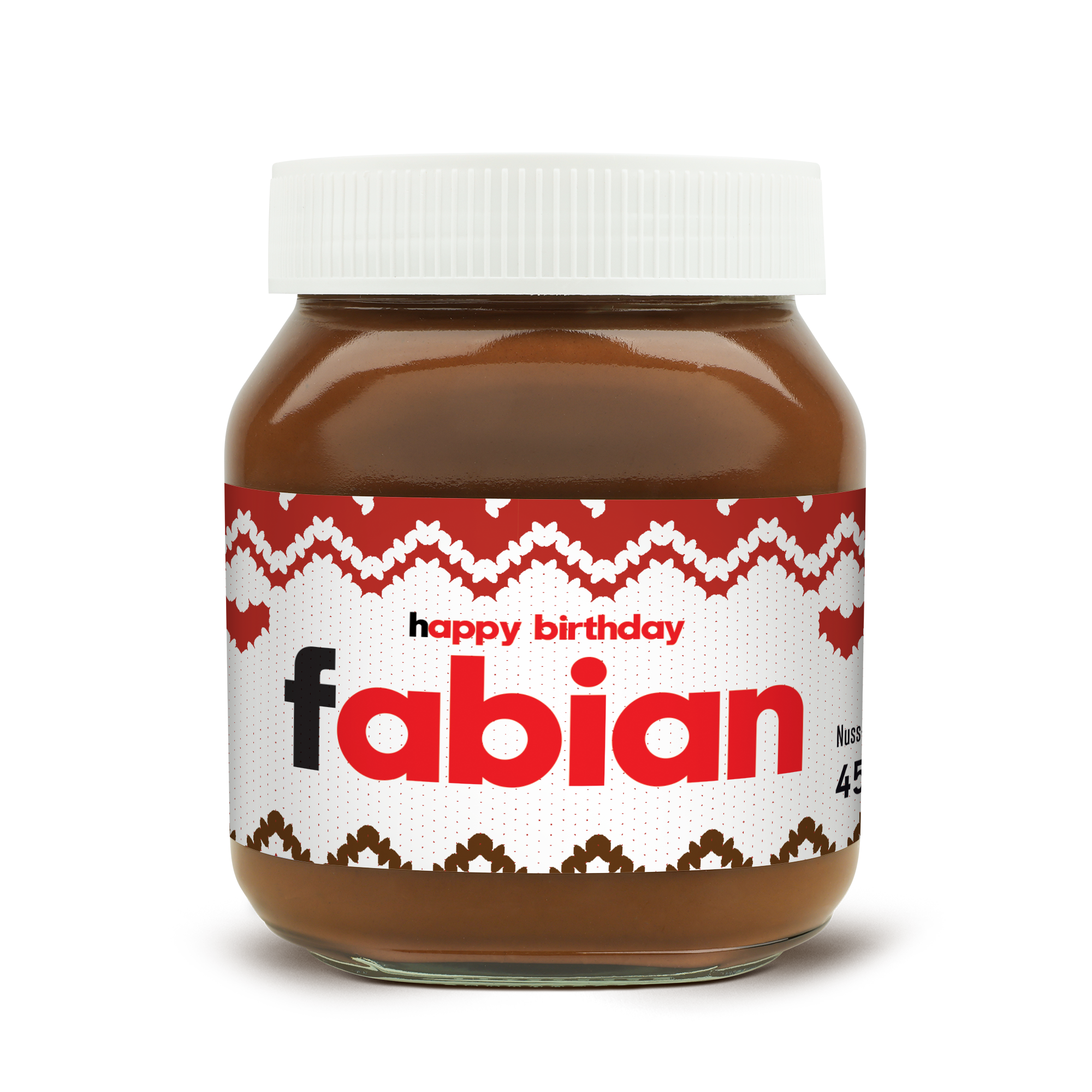 Personalisiertes nutella Glas mit Happy Birthday und Namen Fabian auf dem Etikett bedruckt