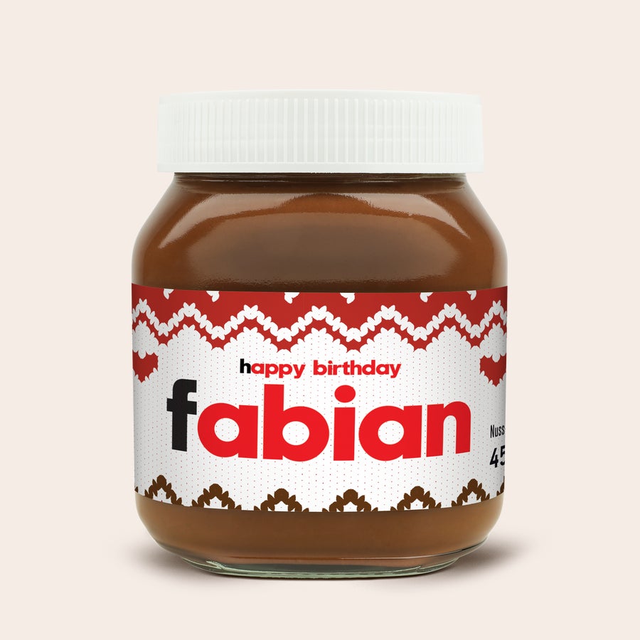 Personalisiertes nutella®-Glas Personalisiertes nutella Glas mit Happy Birthday und Namen Fabian auf dem Etikett bedruckt