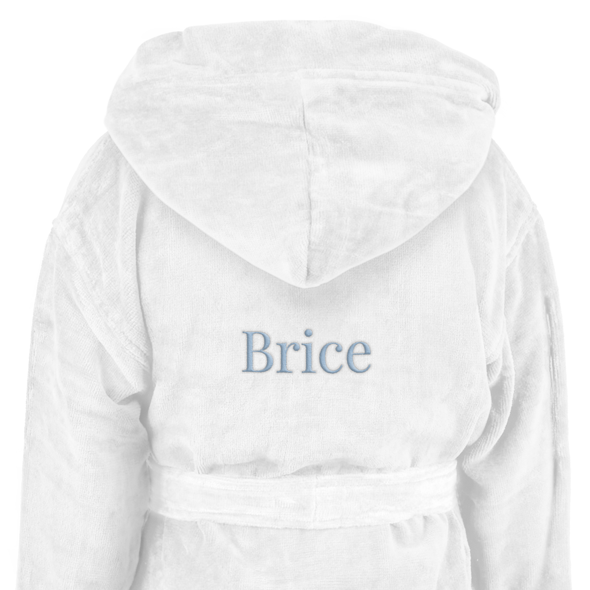 Peignoir super doux pour enfant blanc avec capuche, brodé du prénom Brice en bleu.