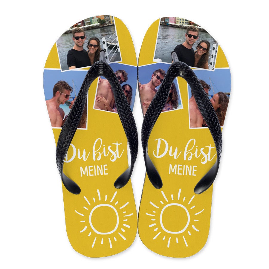Individuelle gelbe Zehensandalen mit bedruckten Fotos, dem Text "Du bist meine" und einer Sonne als Geschenk