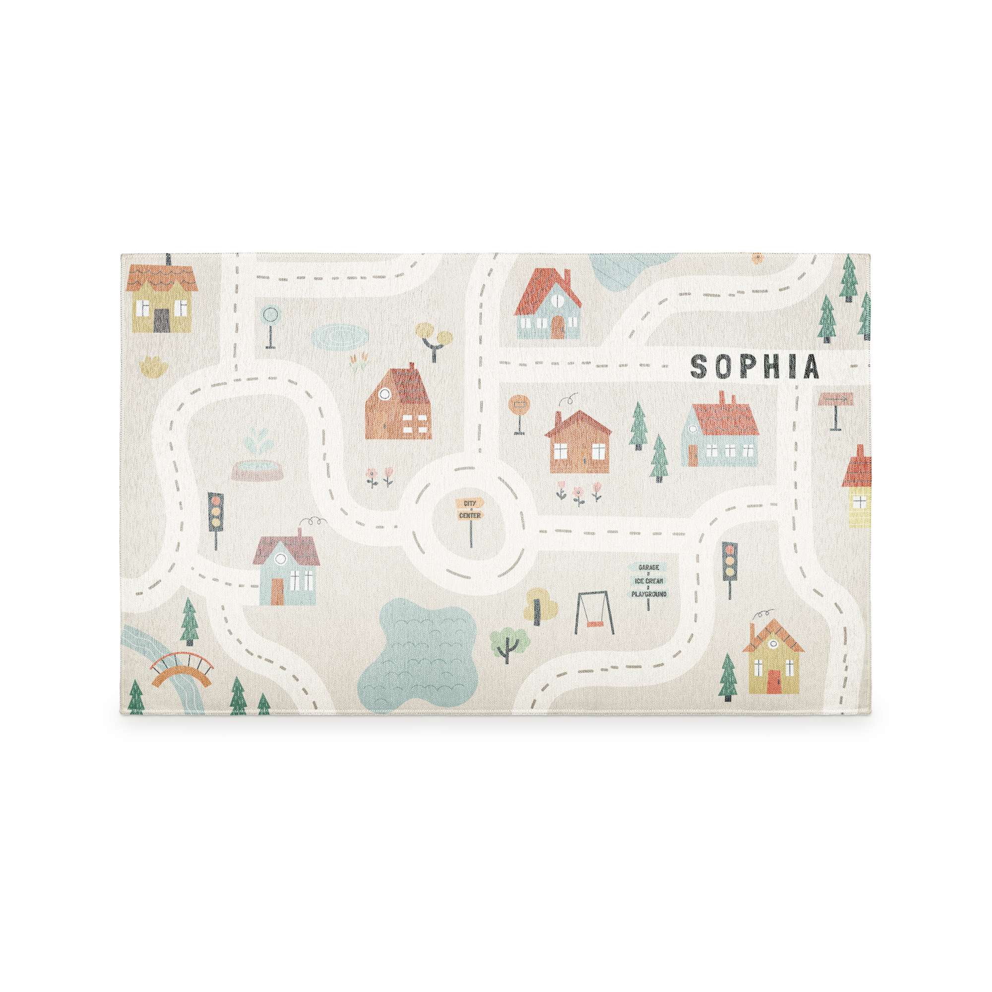Tapis de jeu personnalisé avec motif ville imprimé et prénom Sophia