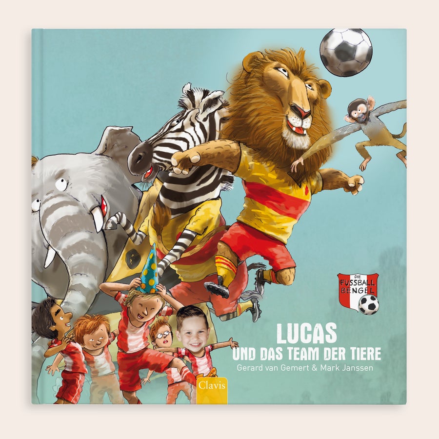 Buch Du und das Team der Tiere personalisieren Personalisiertes Fußball-Kinderbuch mit dem Namen Lucas und Foto des Kindes auf dem Cover.