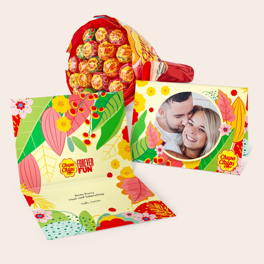 Chupa Chups Lolly Boeket met persoonlijke wenskaart Chupa Chups lolly boeket met gepersonaliseerde wenskaart en foto, afgedrukt met boodschap Beste Romy Heel veel beterschap Liefs Lucas.