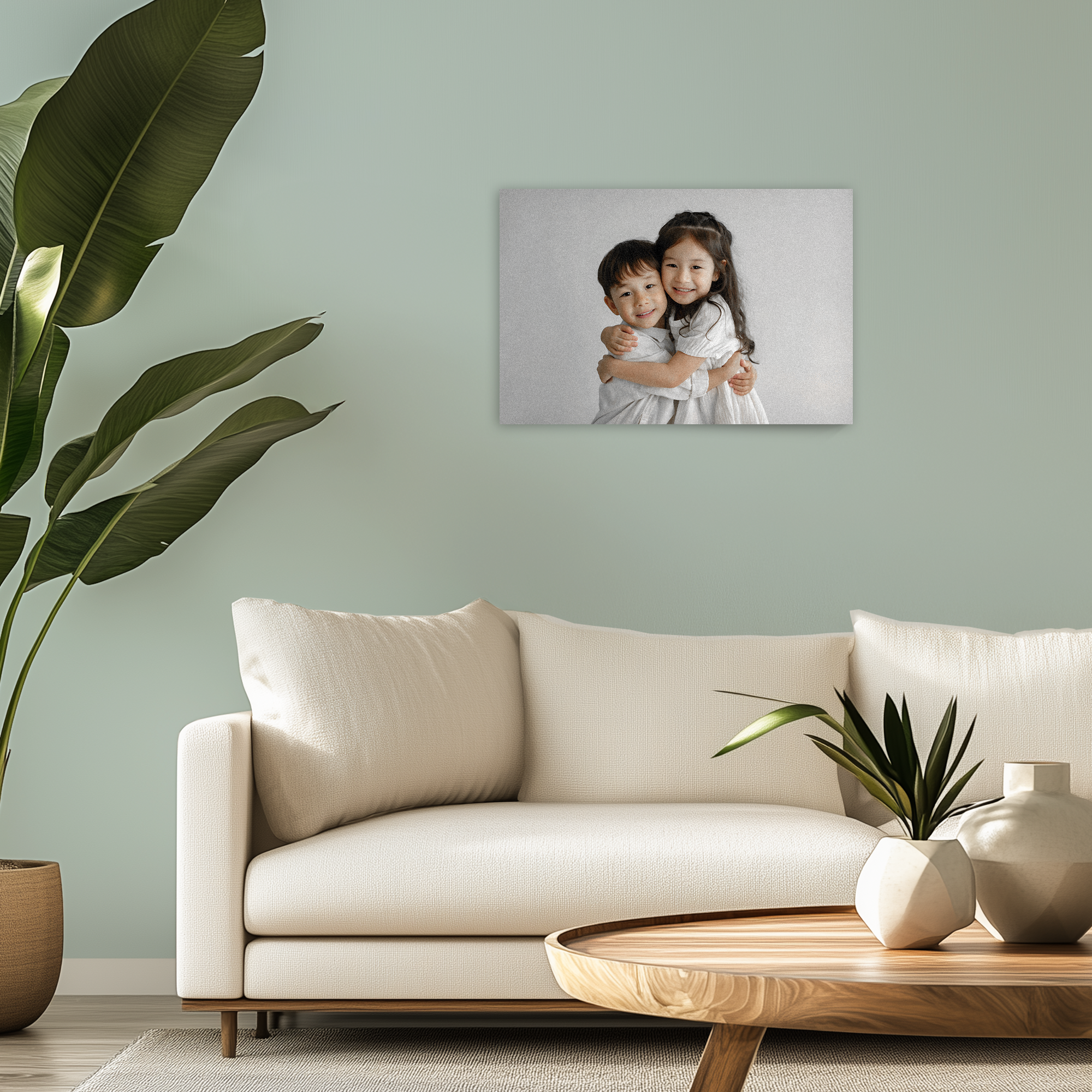 Personaliziran tisk s fotografijo na lesu dveh objemajočih se otrok.