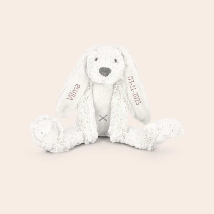 Rabbit Richie Bamse med navn - Kanin Blød hvid kanin bamse med navn Vilma og dato 03-11-2023 broderet på ørene