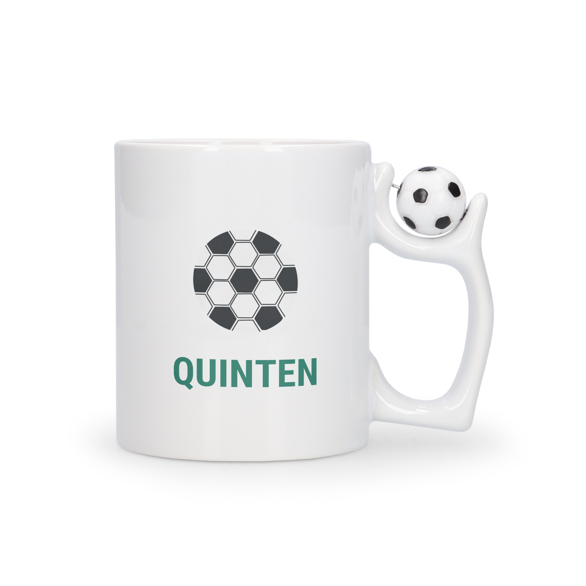 Tazza calcio personalizzata bianca in ceramica con nome Quinten e logo a esagoni stampato