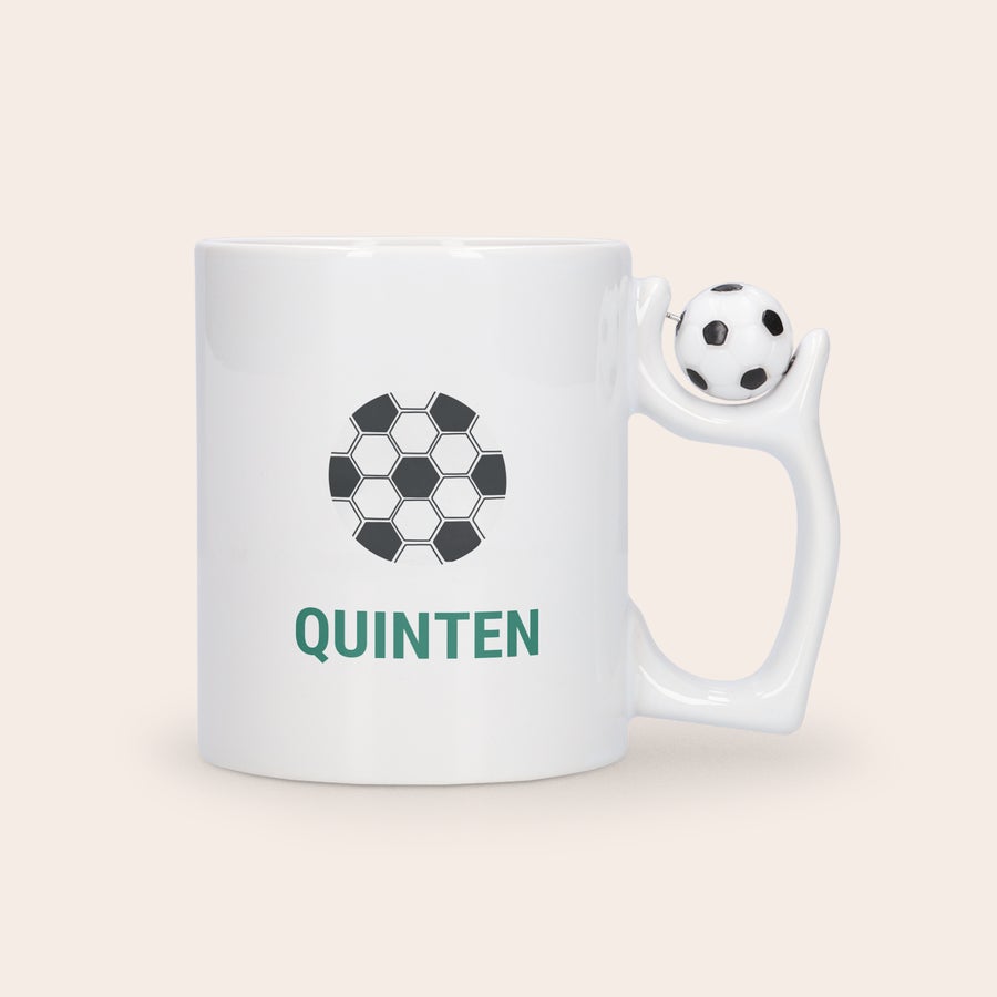 Tazza Personalizzata - Calcio Tazza calcio personalizzata bianca in ceramica con nome Quinten e logo a esagoni stampato