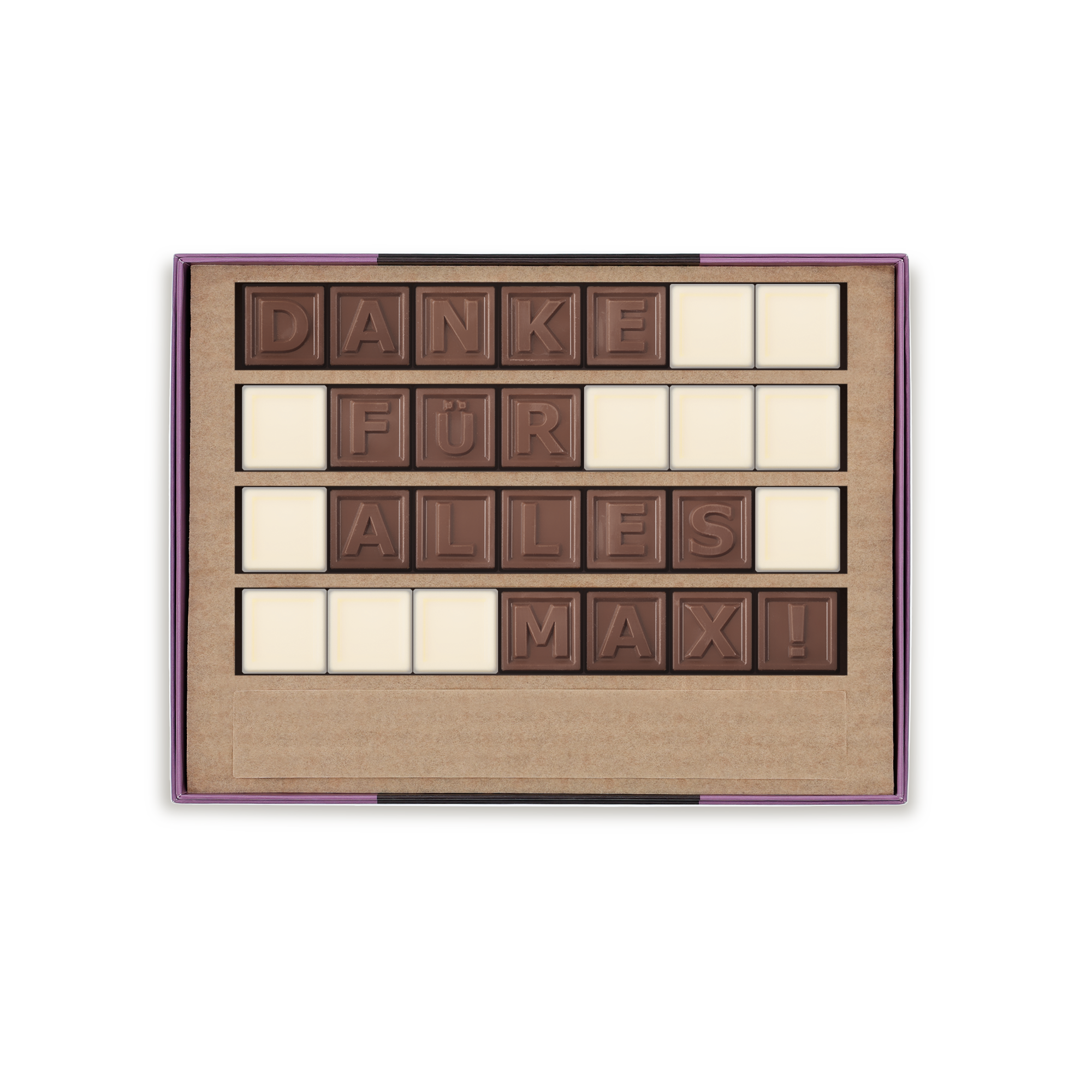 Schokoladentelegramm mit persönlicher Nachricht "DANKE FÜR ALLES MAX!" aus Milchschokolade in Geschenkbox