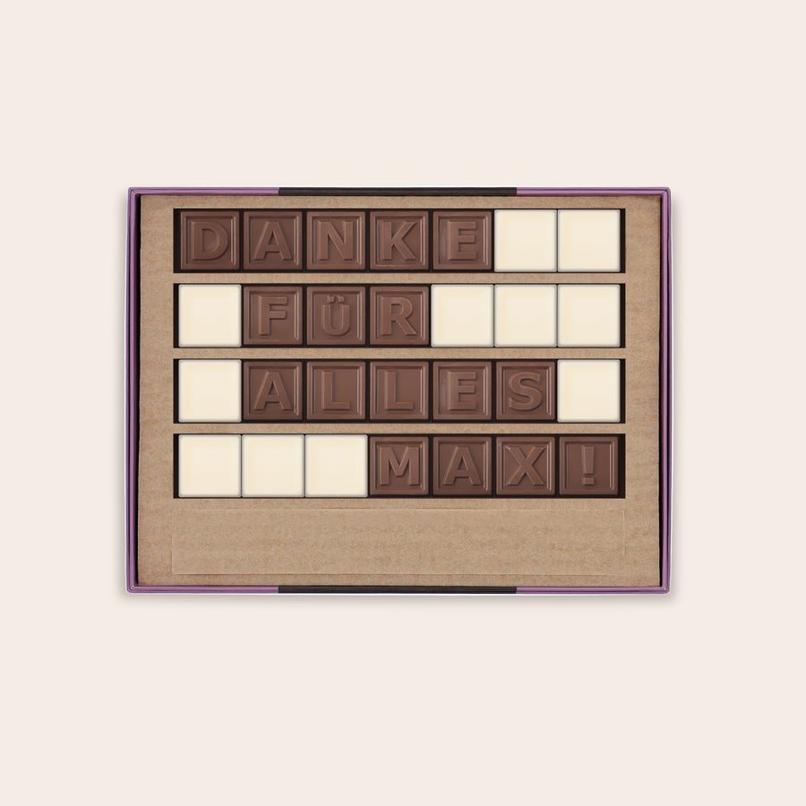Schokotelegramm Selber Gestalten Schokoladentelegramm mit persönlicher Nachricht "DANKE FÜR ALLES MAX!" aus Milchschokolade in Geschenkbox