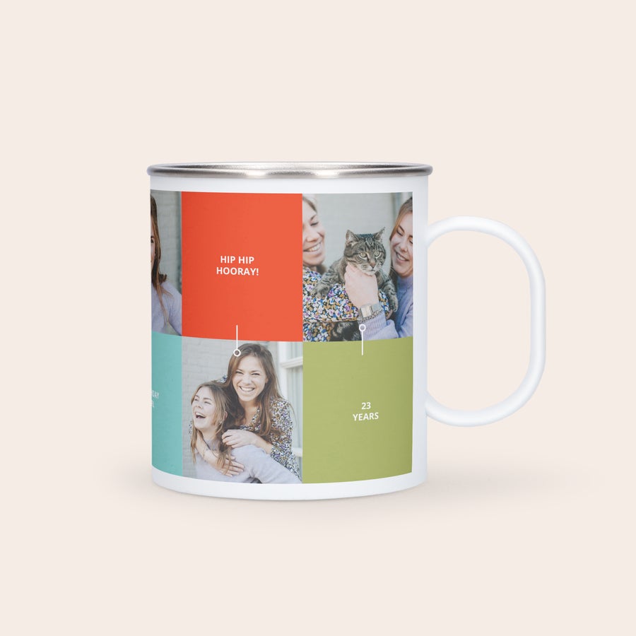 Taza de acero personalizada Taza de acero inoxidable impresa con fotos de amigos y un gato, mensajes "Hip Hip Hooray" y "23 Years".