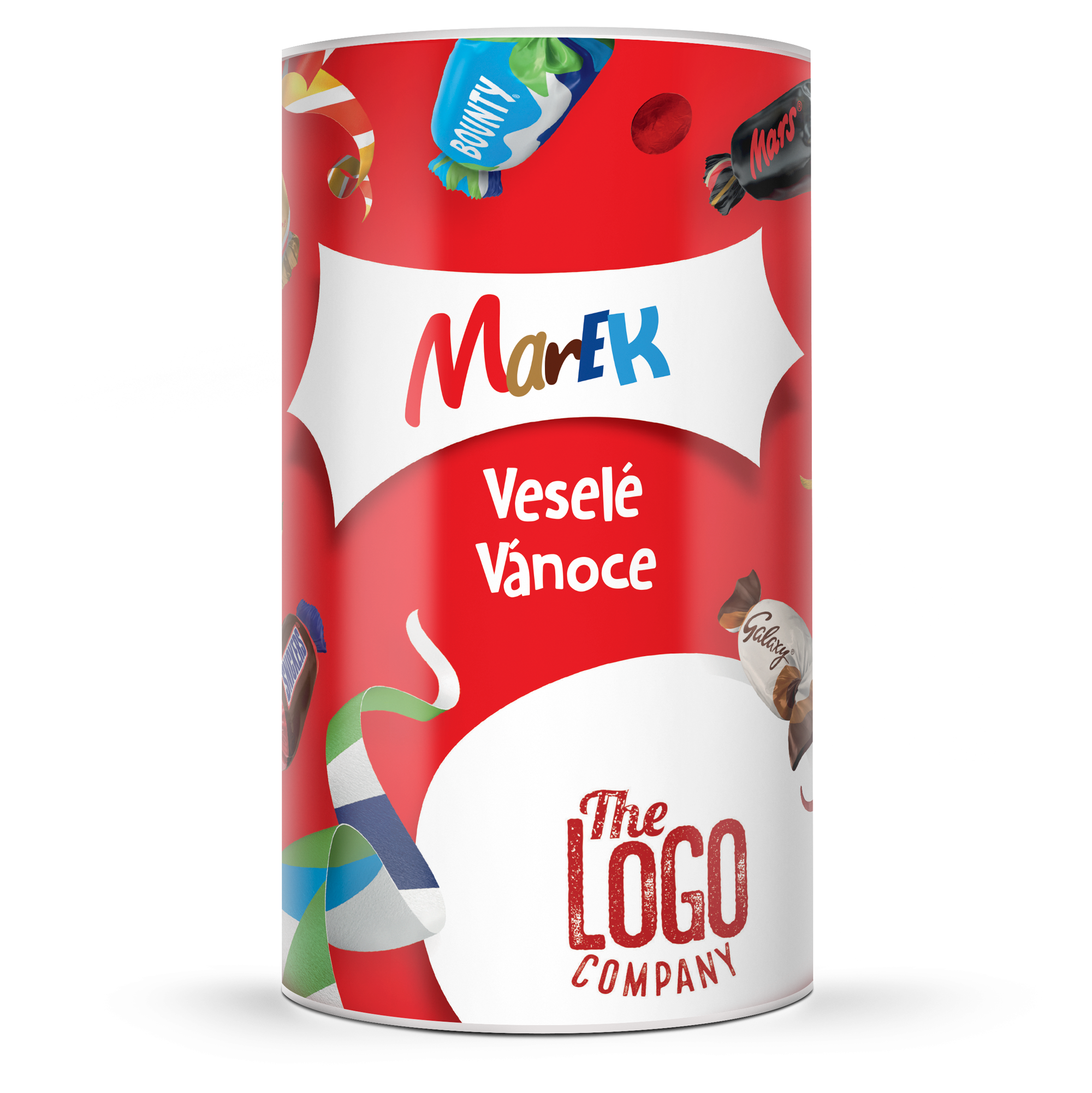 Personalizovaná lahev Celebrations se sladkostmi s potiskem jména Marek a přáním Veselé Vánoce