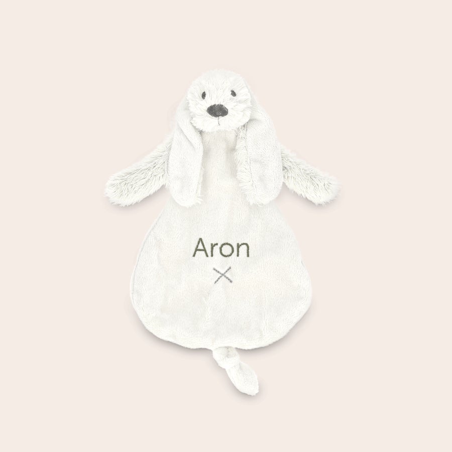 Personlig Rabbit Richie baby-tuttle Mjuk vit Rabbit Richie snuttefilt för den lilla med namnet Aron broderat i grått