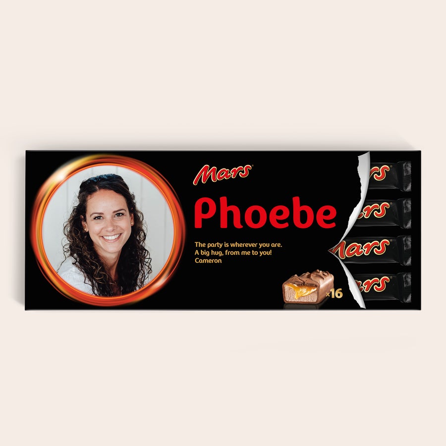 Barretta Mars XXL Tavoletta di cioccolato Mars XXL personalizzata con foto, nome Phoebe e dedica, con 16 barrette interne, una grande sorpresa