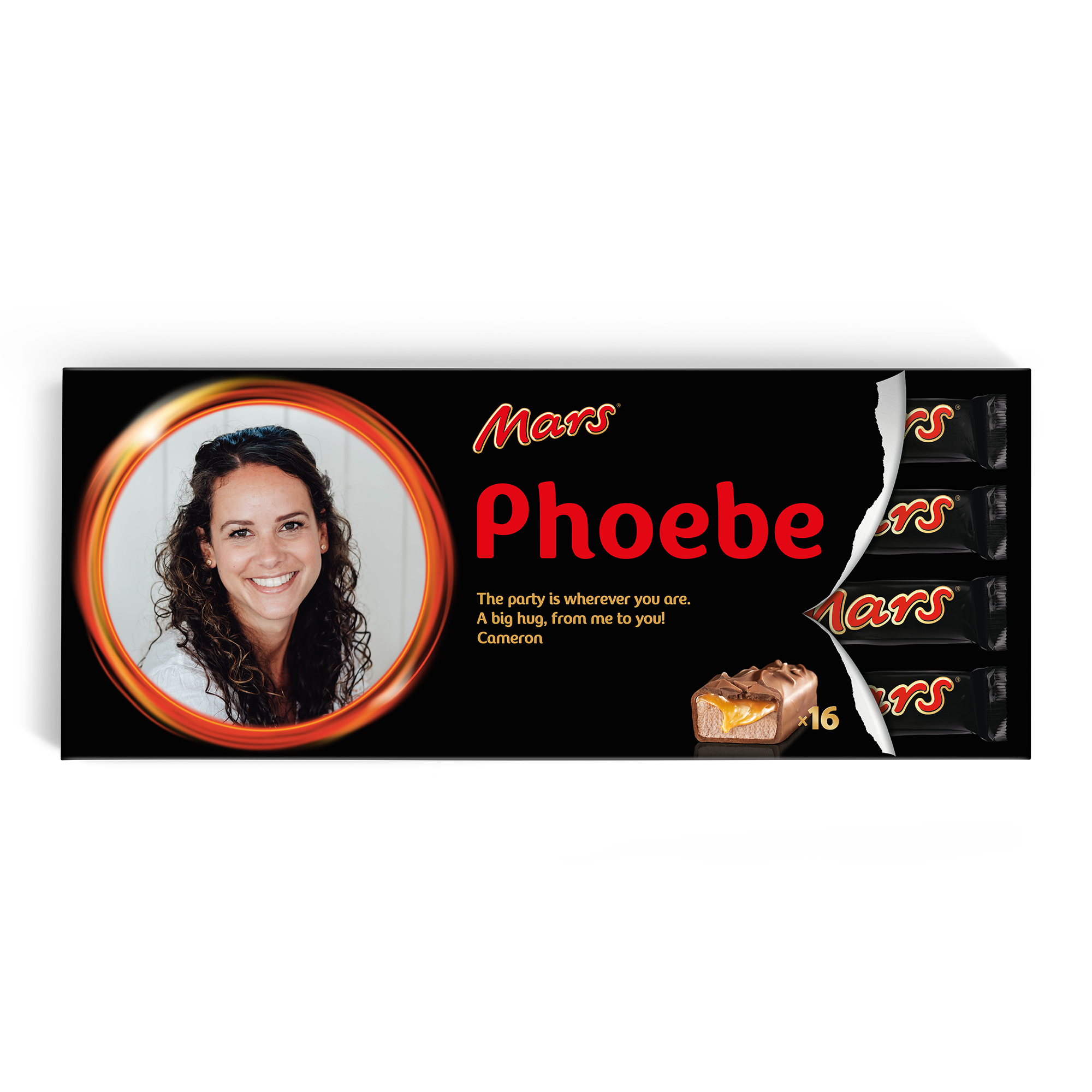 Personalizirana XXL Mars čokoladica s potiskano fotografijo ženske, imenom Phoebe in sporočilom.