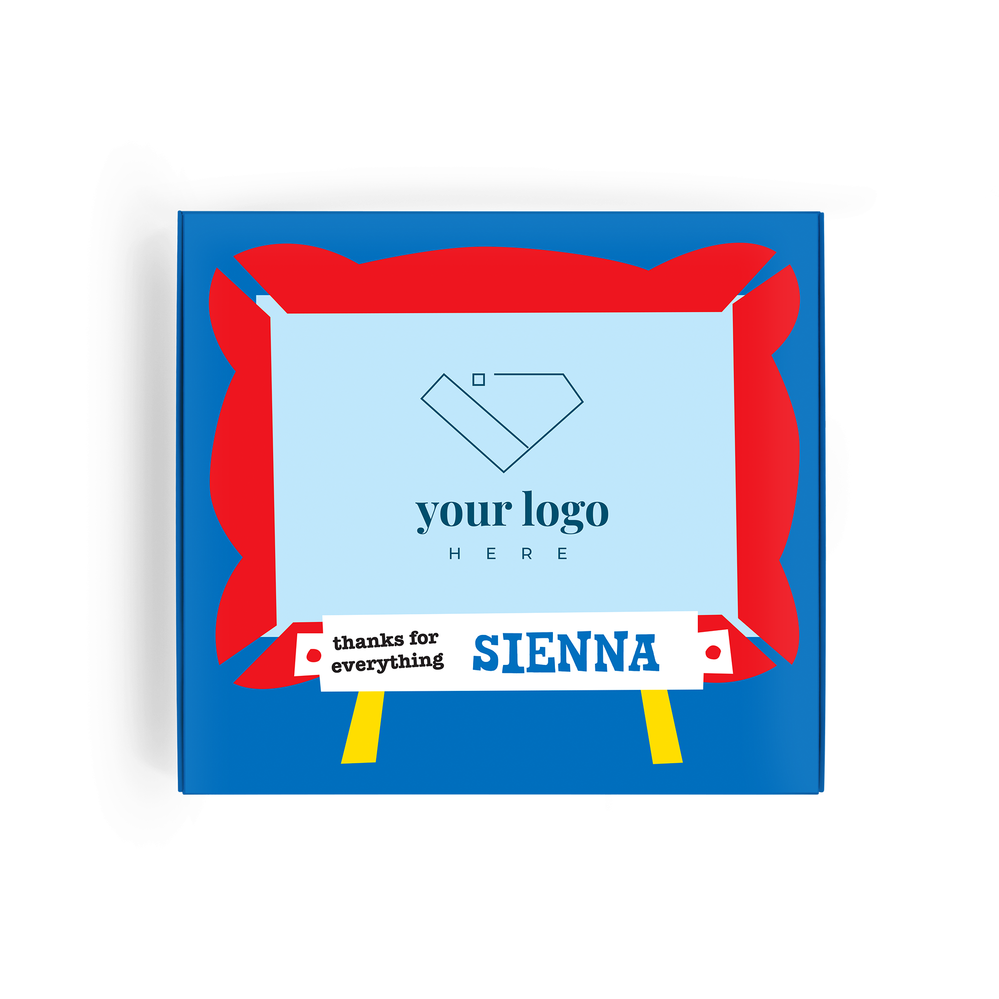 Caja de regalo Tony's Chocolonely azul con diseño temático de amor, impresa con el logo de la marca y la palabra "SIENNA".