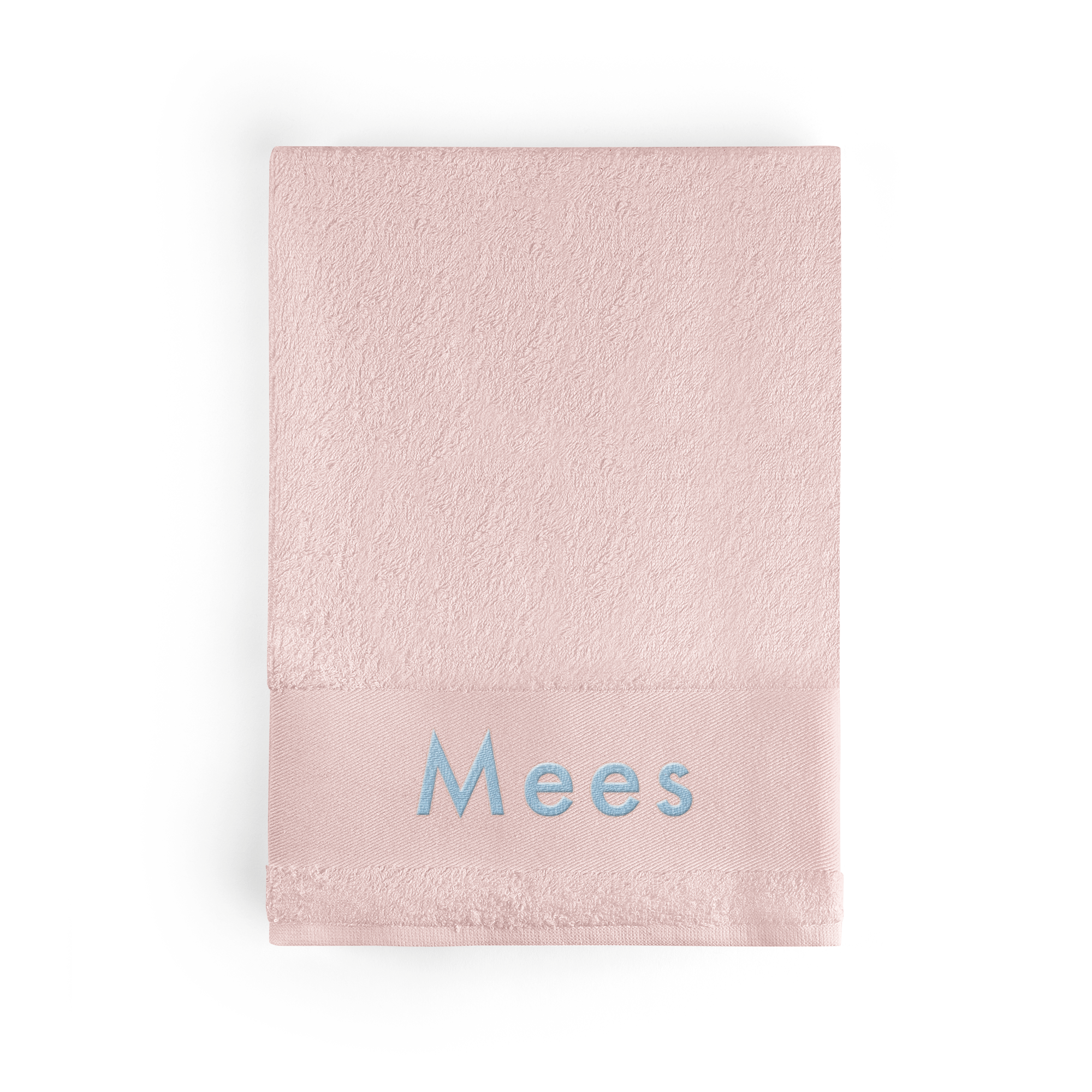 Roze handdoek met de naam Mees geborduurd in blauwe letters, personaliseerbaar met naam