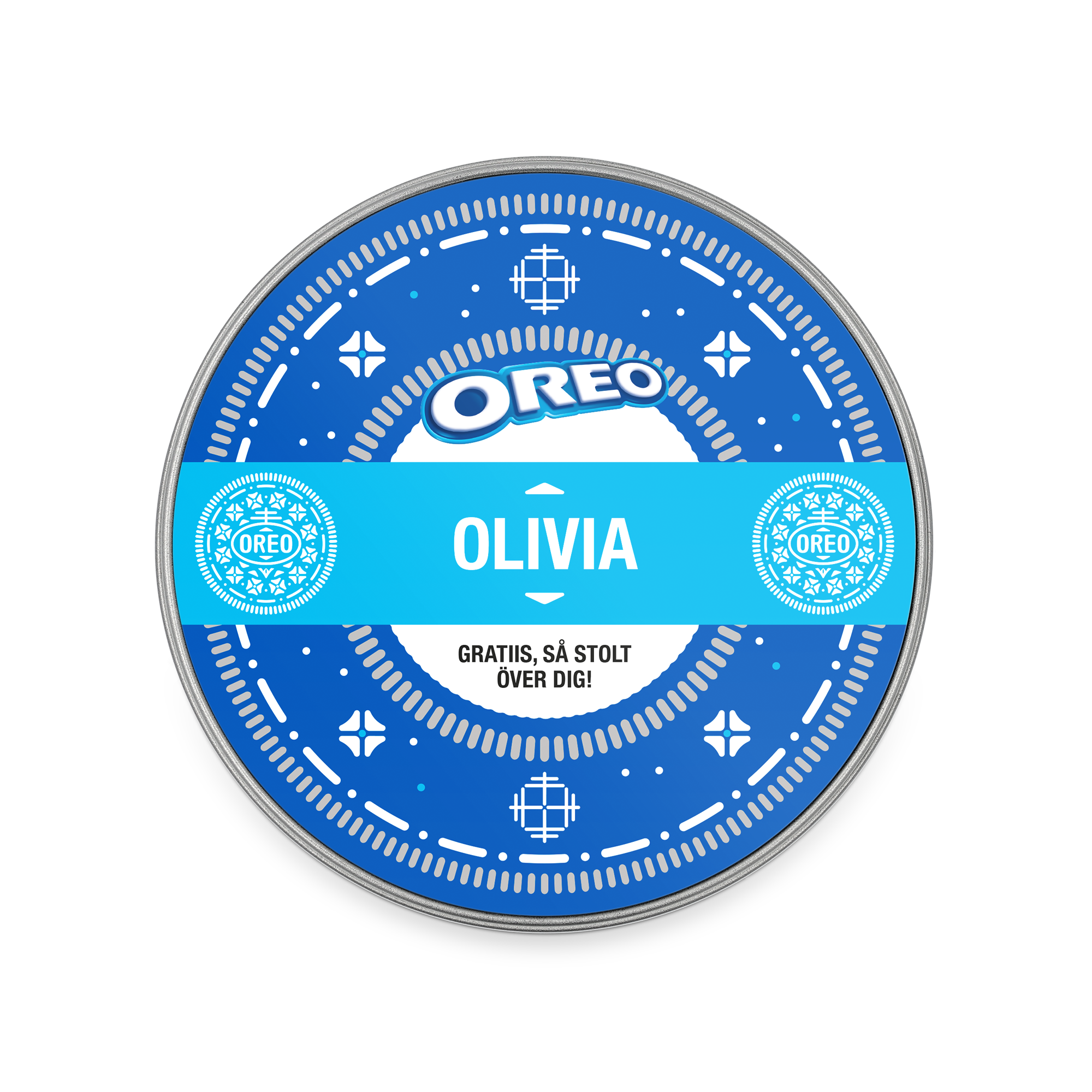 Presentburk med Oreo chokladkakor tryckt med namn Olivia och texten "Grattis så stolt över dig" för att överraska med en presentburk