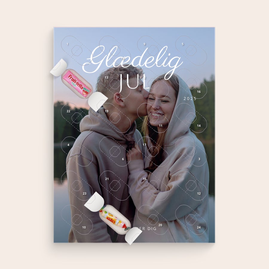 Personlig slik adventskalender Personlig slik-adventskalender med printet foto af et par,