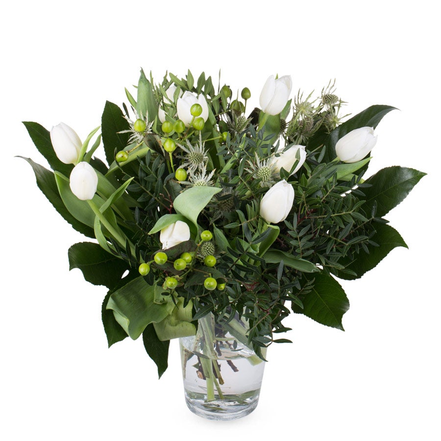 Boeket Bloemen – Tulpen (Groot) met witte tulpen en groen. Deze bloemen zijn te personaliseren.