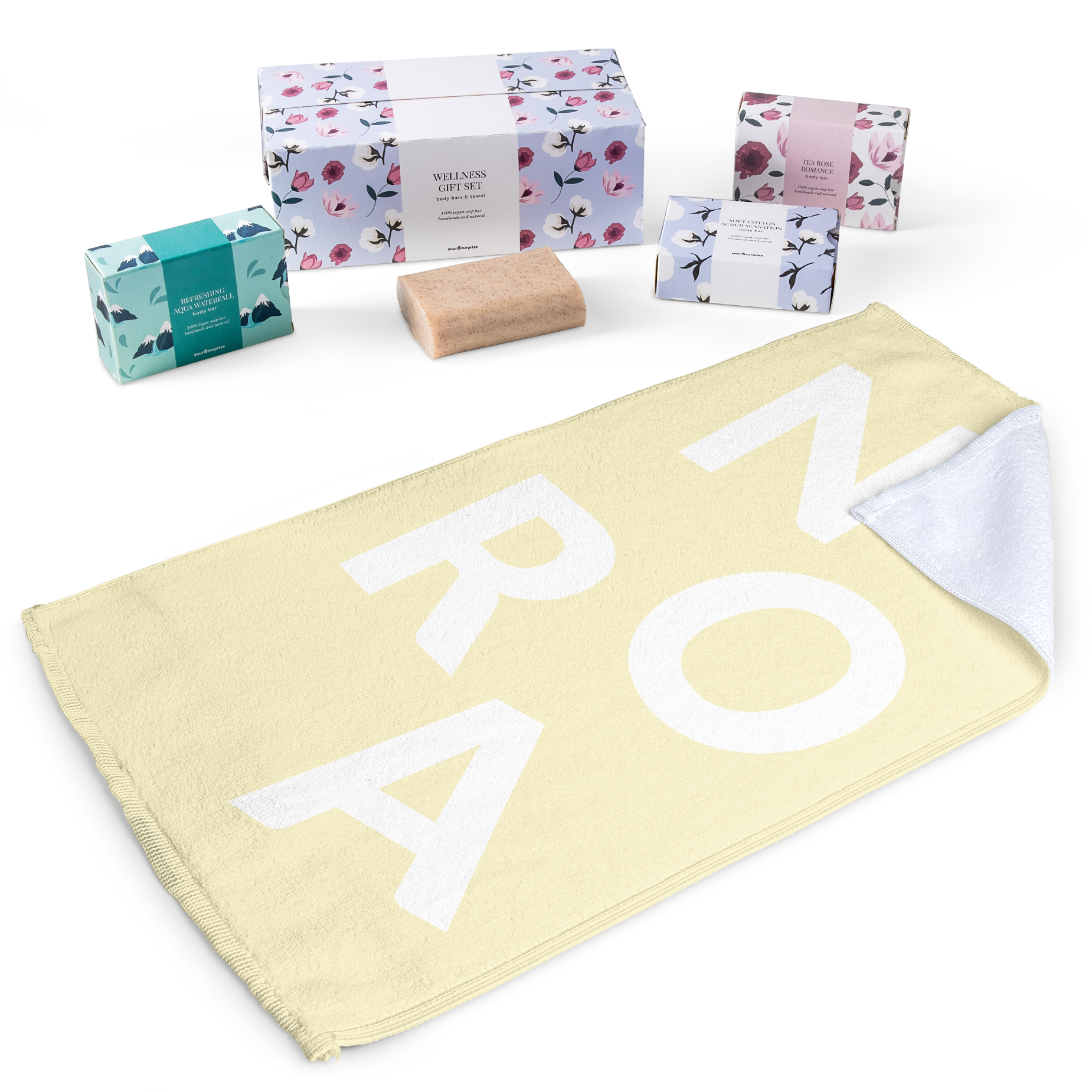 Cadeauset met gepersonaliseerd gastenhanddoekje en 3 zepen