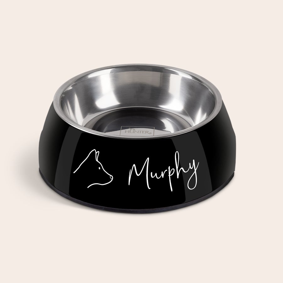 Miska na kŕmenie psov Čierna personalizovaná miska na jedlo pre psa s menom Murphy, s potlačou hlavy psa.