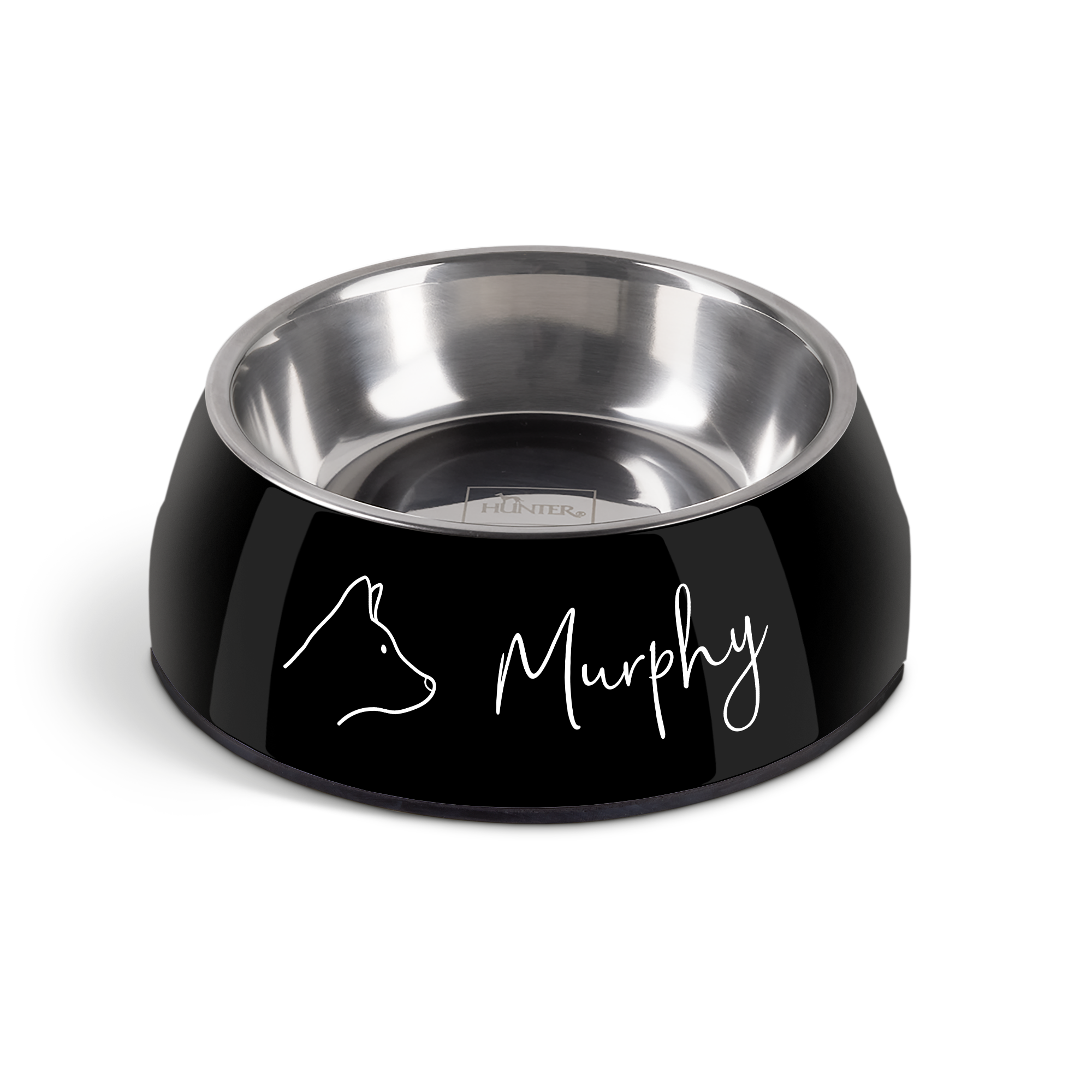 Sort, personlig madskål til hund med rustfri stålindsats. Skålen er trykt med en silhuet af en hund og navnet Murphy.