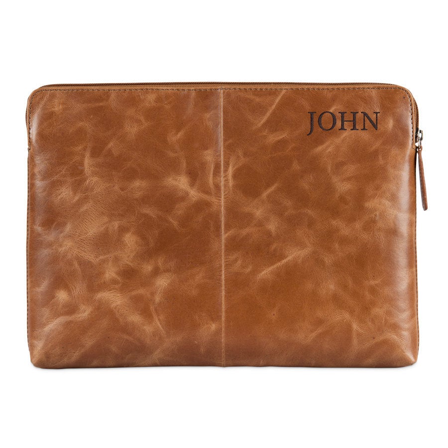 Engraved leather laptop sleeve