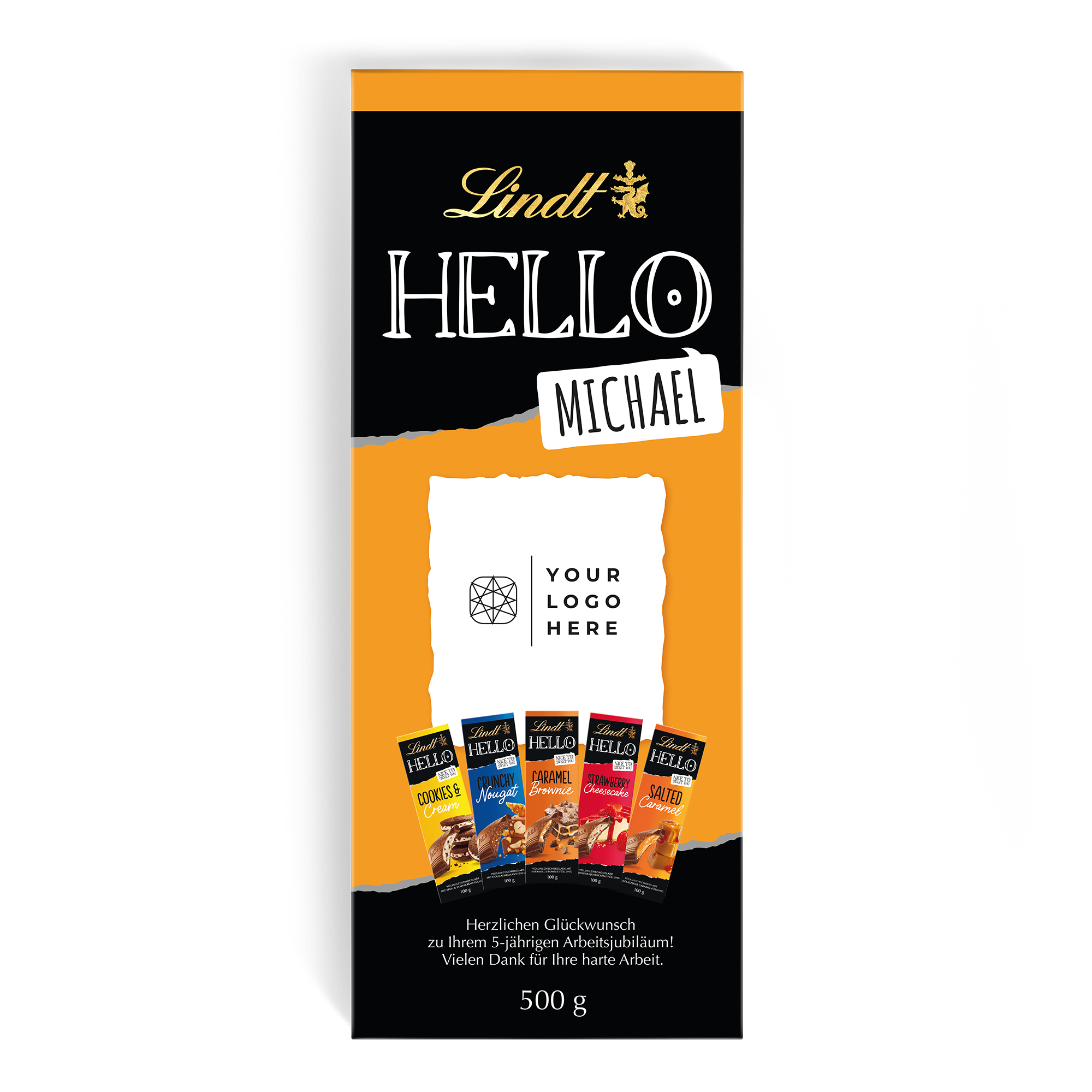 Mega Lindt Schokolade mit personalisierter Verpackung für Michael, bedruckt mit fünf Lindt Hello Riegeln und Glückwunschen.