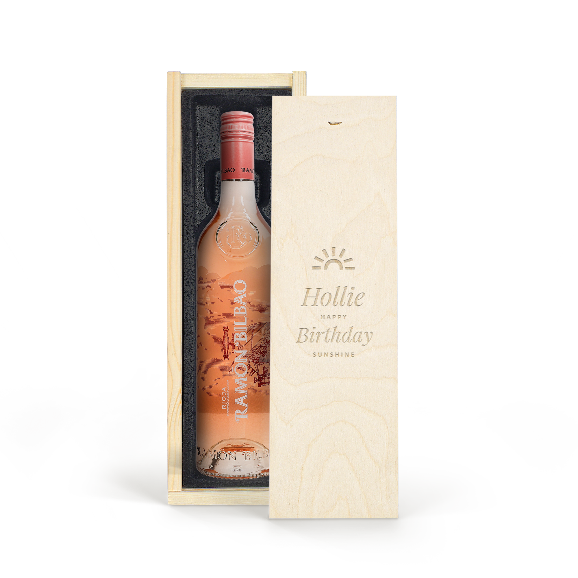 Garrafa de vinho tinto Ramon Bilbao Rosado em caixa de madeira gravada com nome e "Happy Birthday"