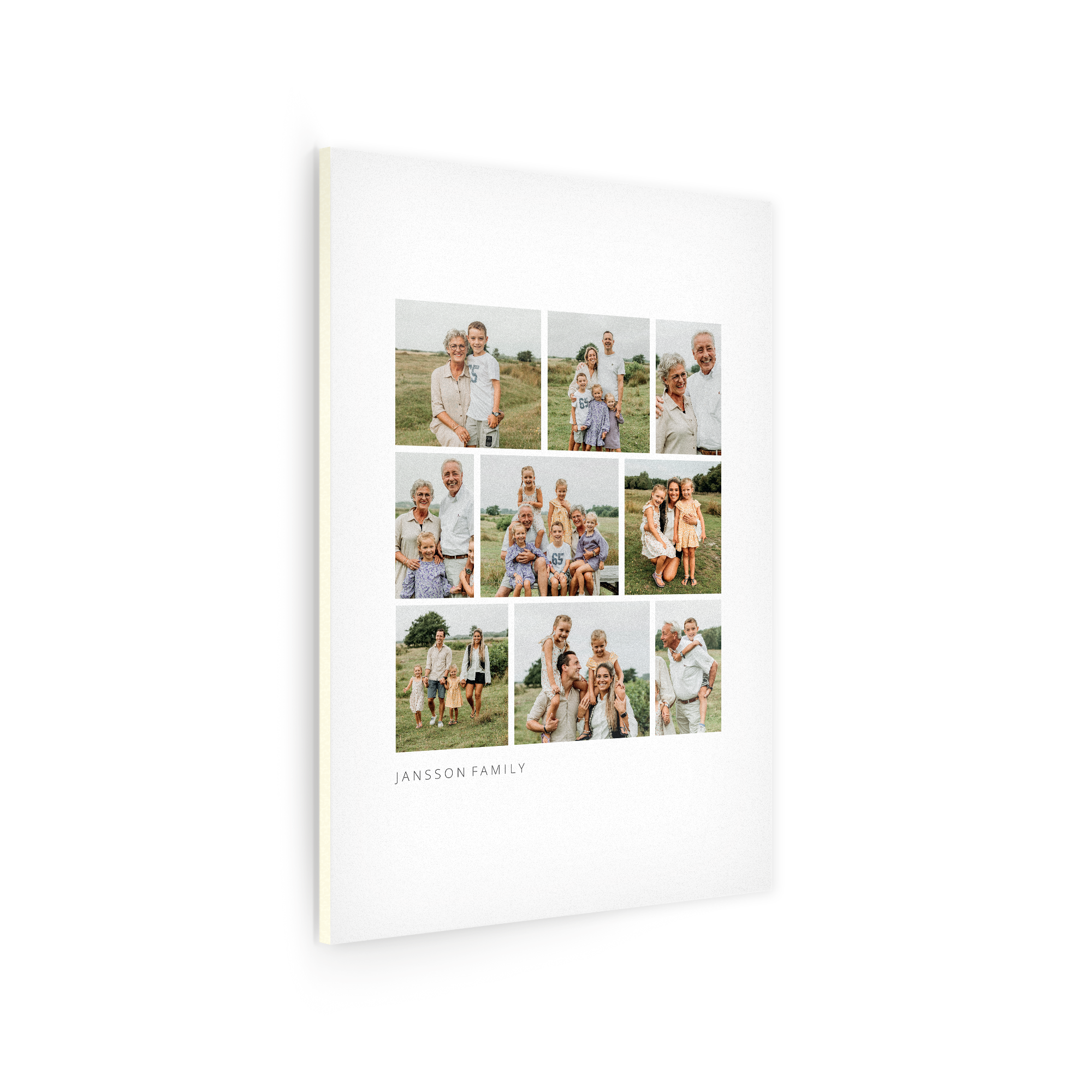 Foto på forex med fotokollage av familjen Jansson, en personlig fotopresent för väggen