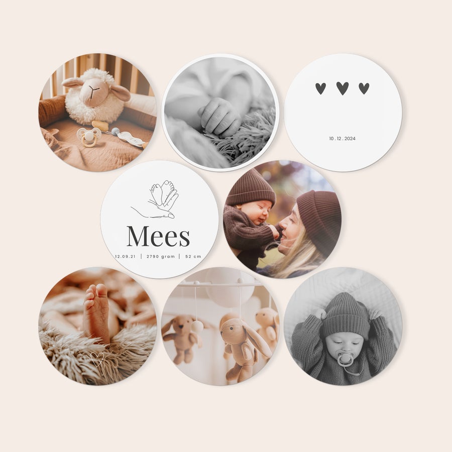 Personalised wall art panels Round wooden wall art panels featuring various printed photos and text including a baby's name, birth date, weight, and length. Decorate your wall with wooden wall art panels featuring your design.