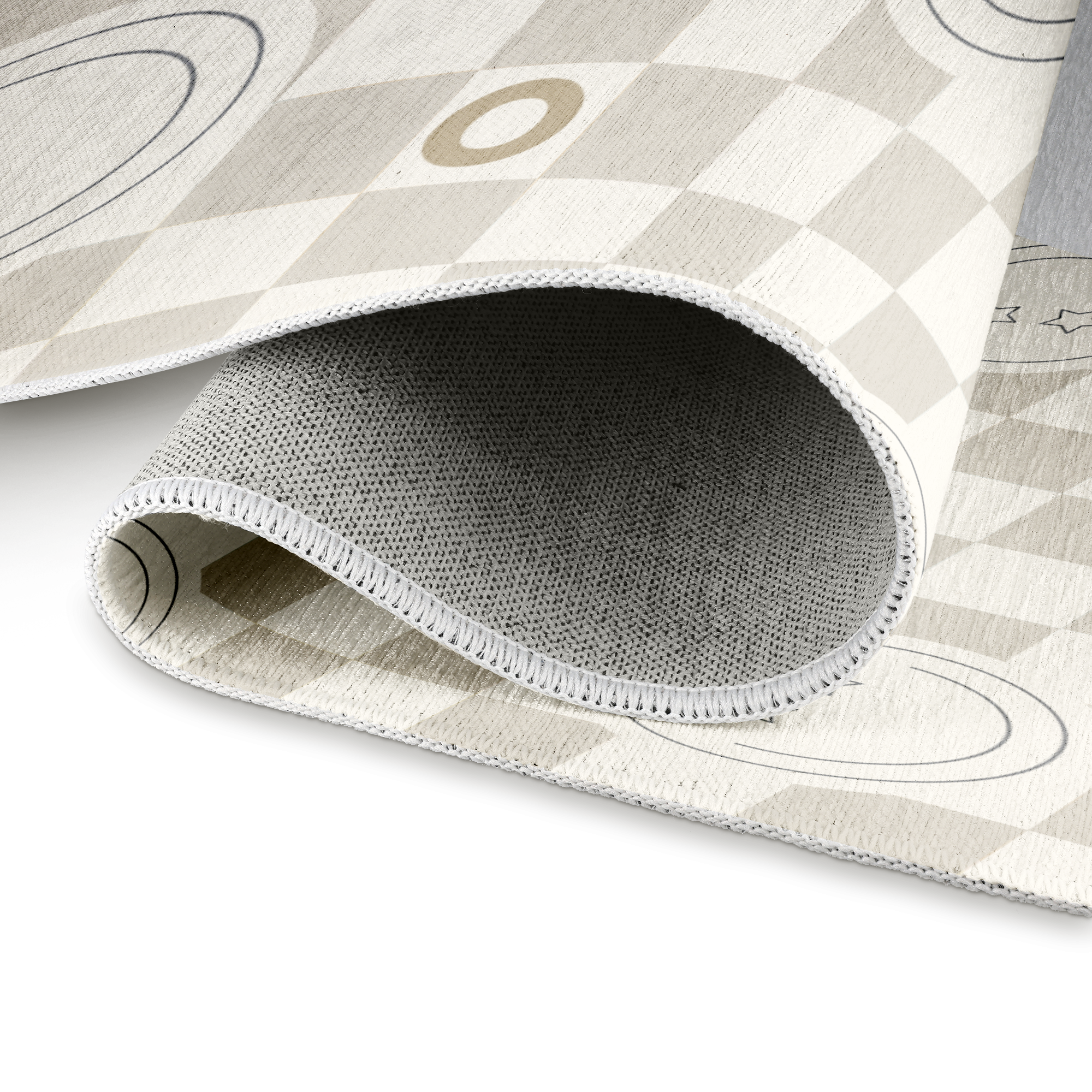 Gepersonaliseerd speelkleed - 150 x 80 cm, opgerolde zijkant met patroon in beige en wit, antislip onderkant, te bedrukken met eigen ontwerp.