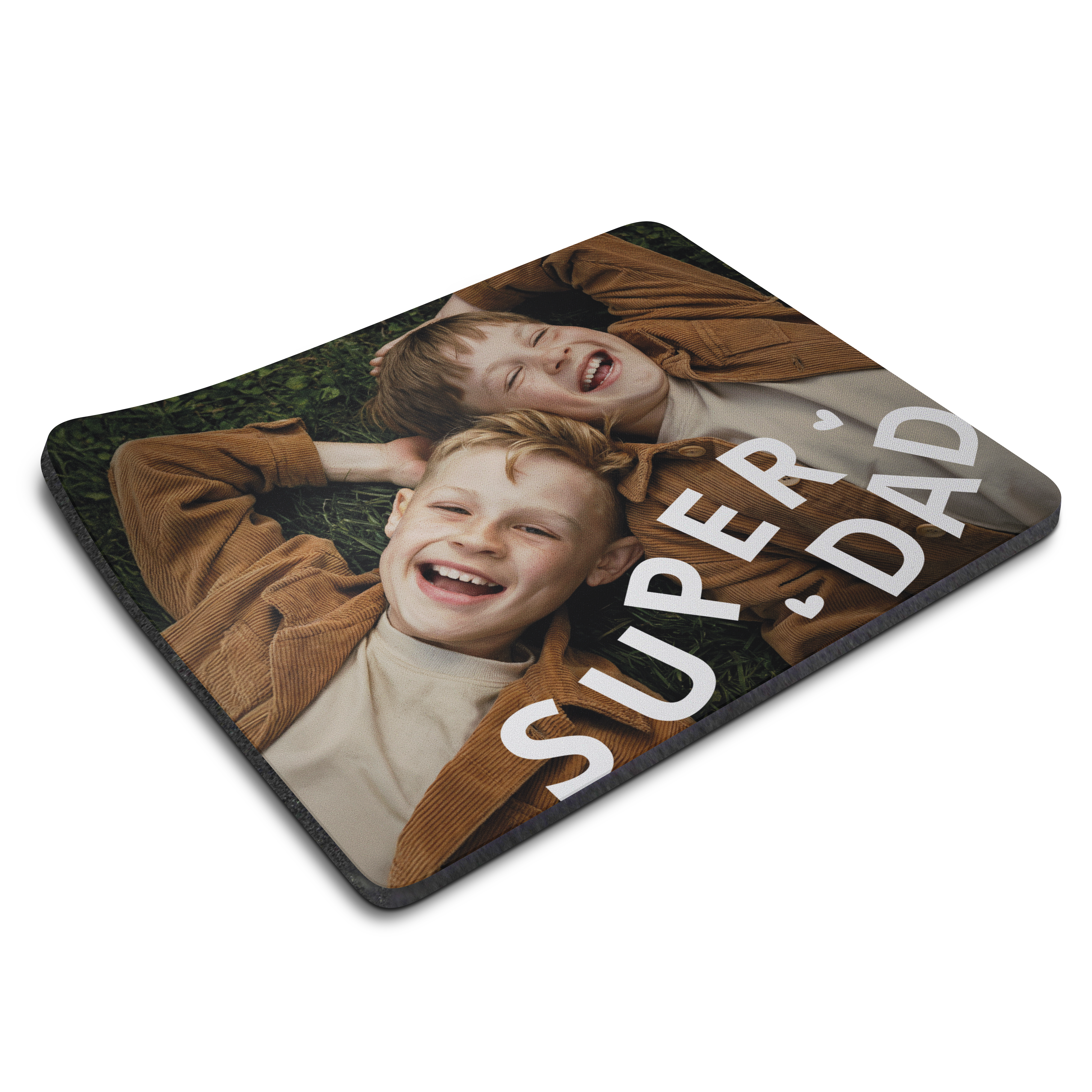 Personalised Mouse Mat – Regular printed with a photo of two smiling boys and "SUPER DAD" text.