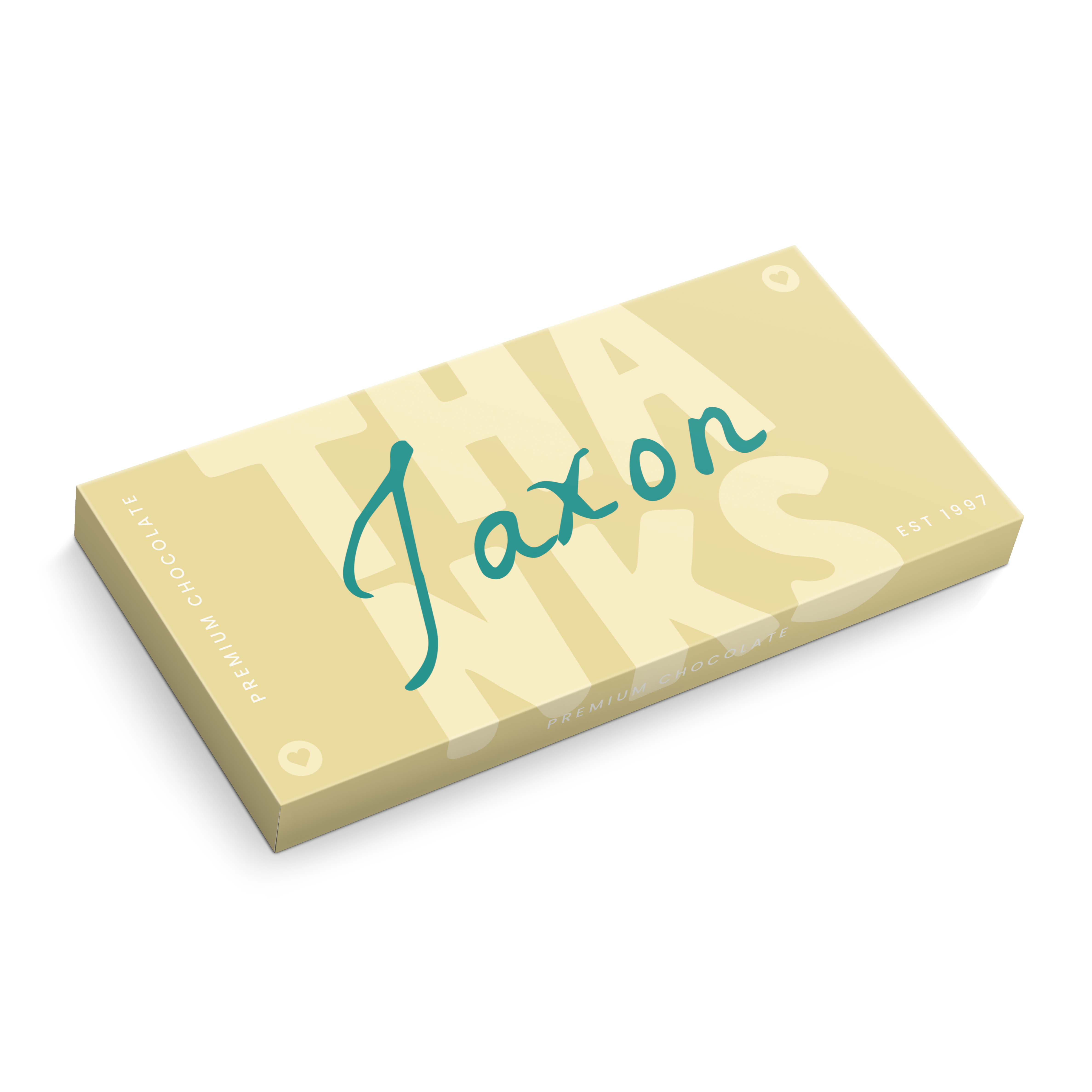 Personalised Milka chocolate Hazelnut bar with the name Jaxon printed on a beige wrapper with the word THANKS.