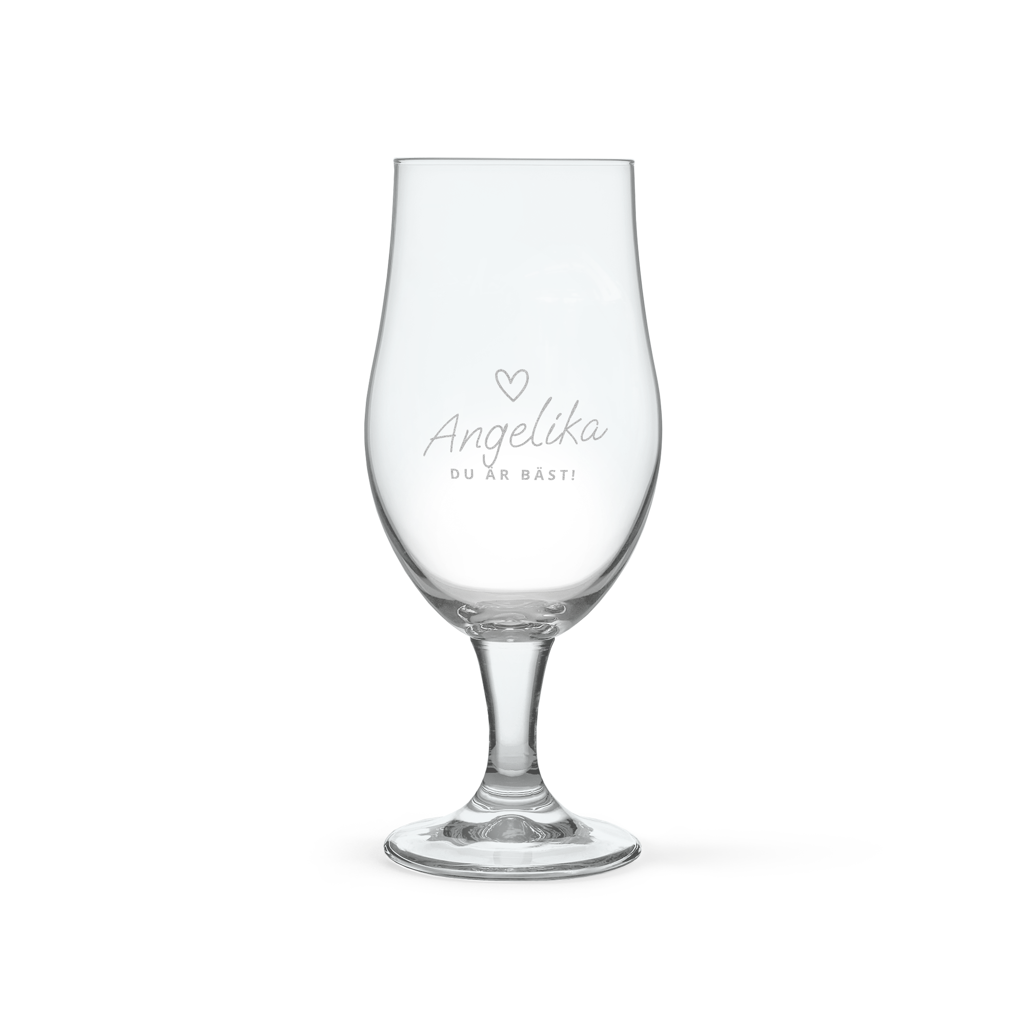Graverat hantverksölglas med texten Angelika Du är bäst och ett hjärta, perfekt för att överraska nära och kära.