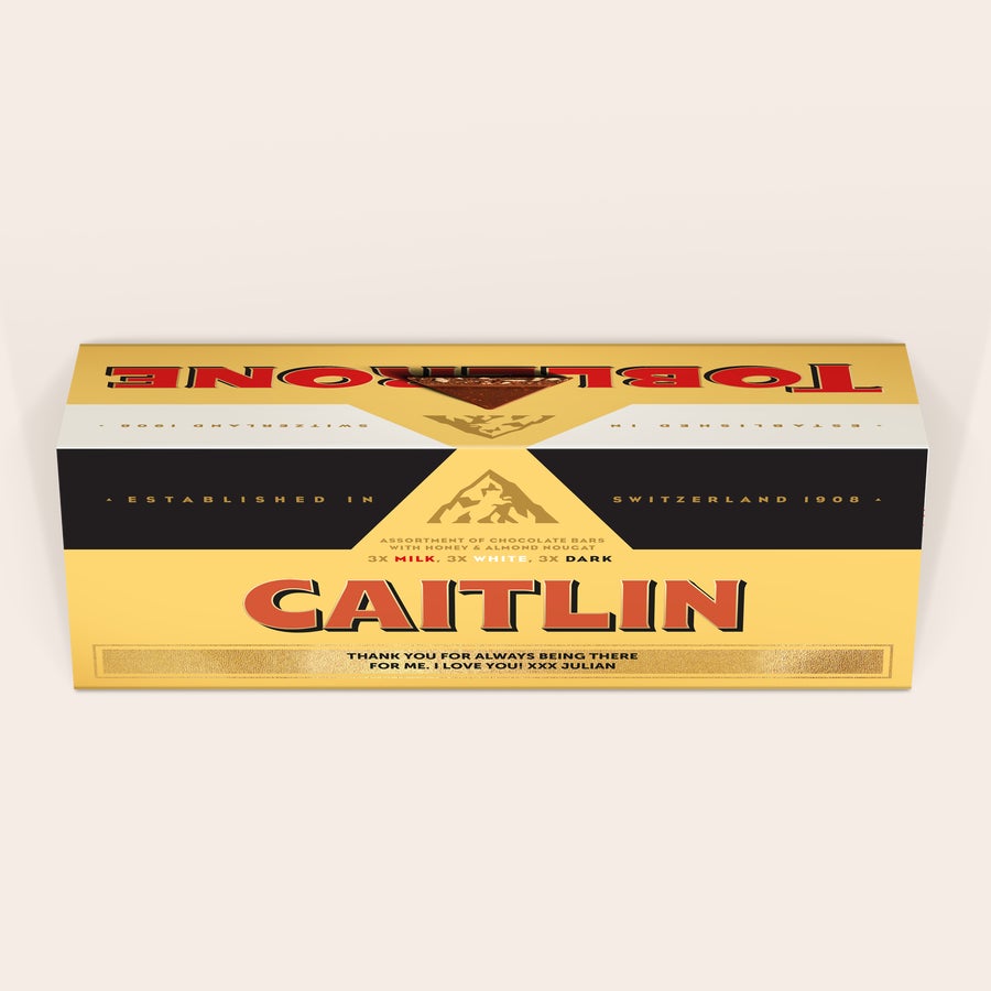 Personalizovaná Toblerone Personalizovaná čokoládová tyčinka XL Toblerone Selection s potiskem jména Caitlin a osobní zprávy