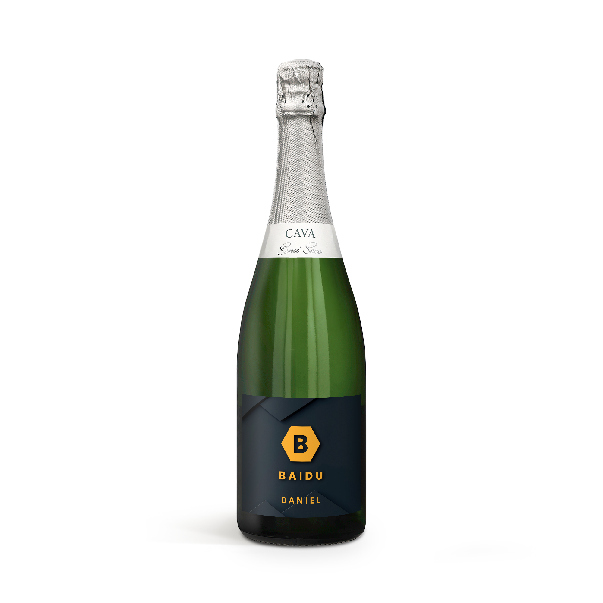 Bottle of Palau Semi Sec with a dark personalized label printed with a yellow B and the names Baidu and Daniel.