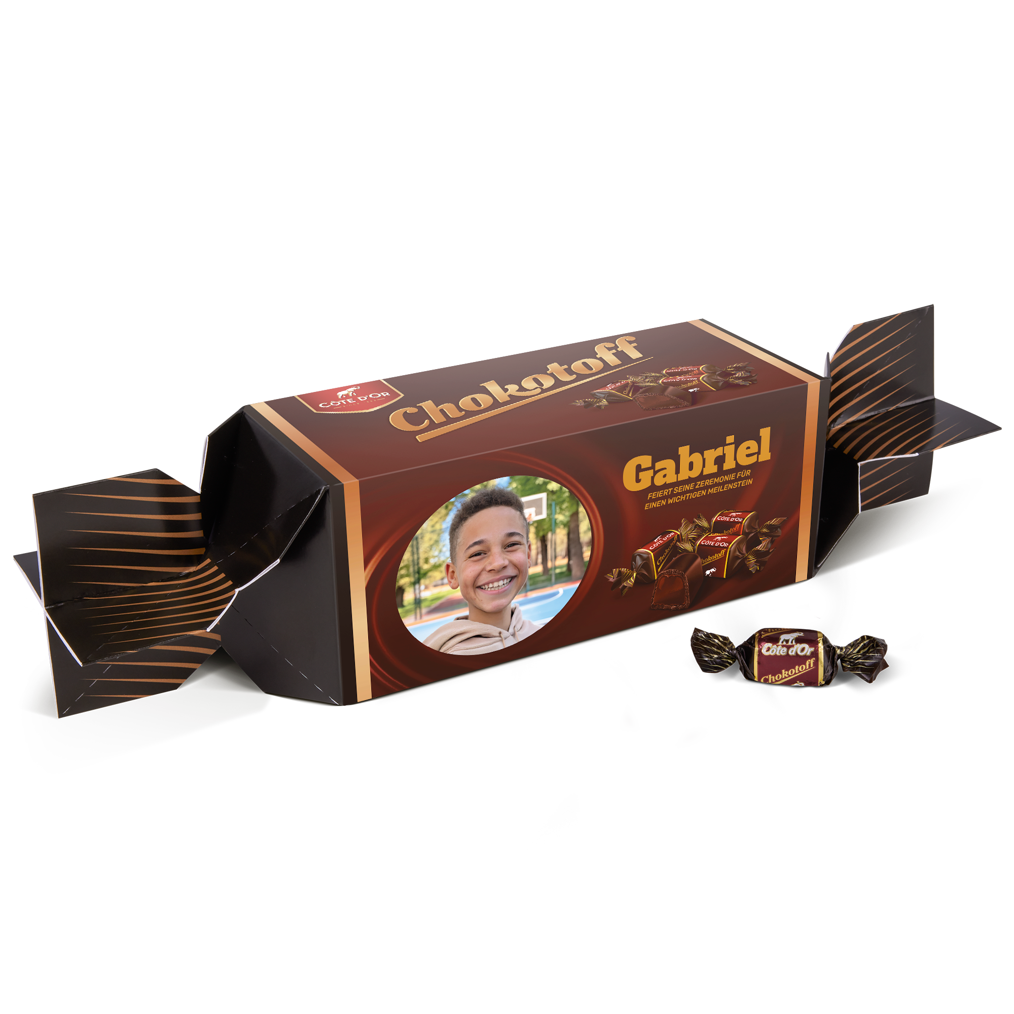 Personalisierte Riesen Chokotoff mit Foto eines lächelnden Jungen und dem Namen "Gabriel", bedruckt.