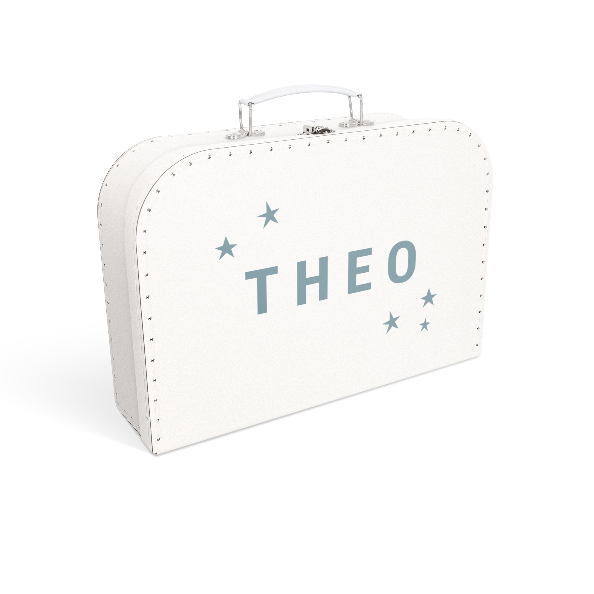 Hvid legetøjskuffert med trykt navn Theo og blå stjerner, perfekt til børneværelset.