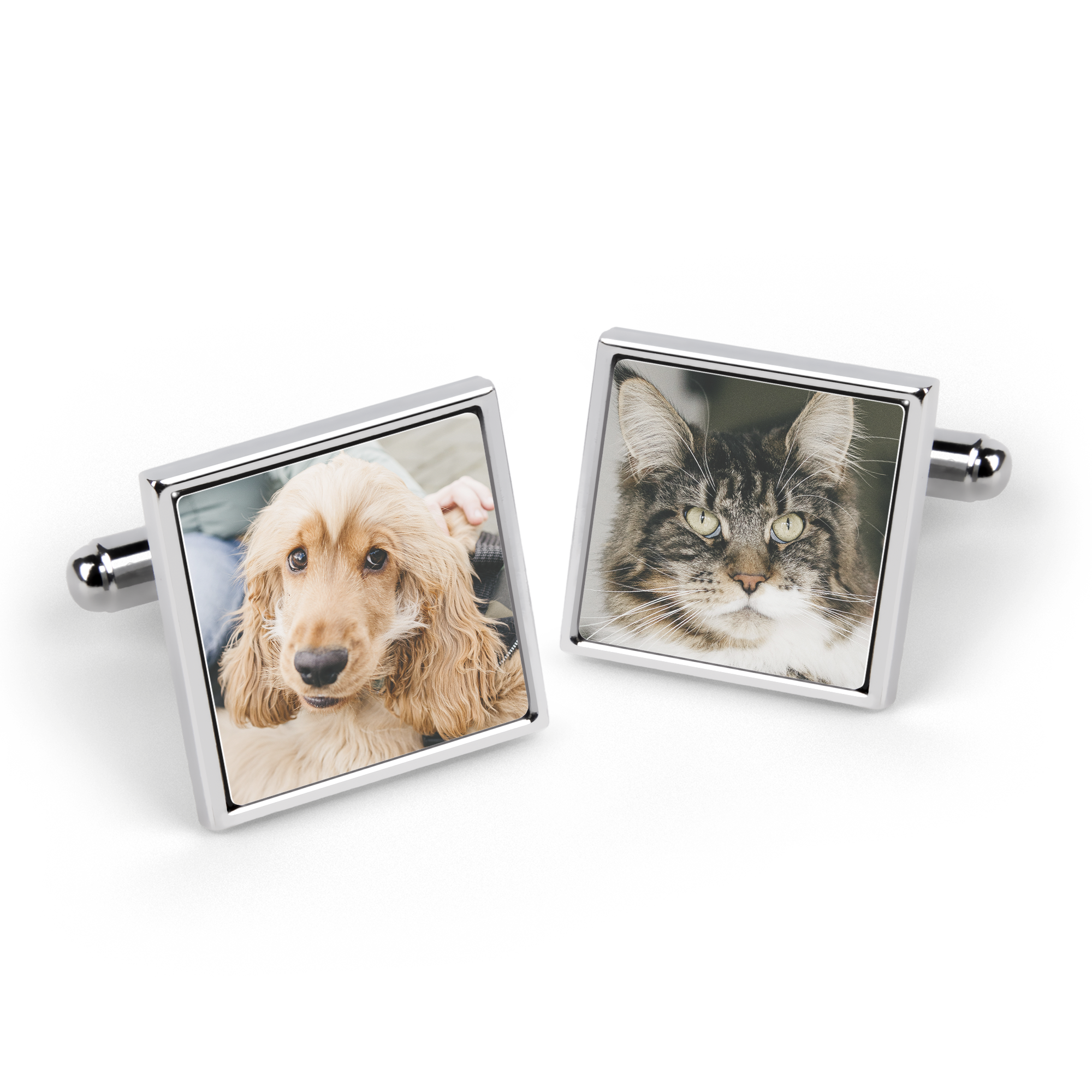 Um par de botões de punho personalizados com fotos de um cão e um gato para surpreender os seus entes queridos