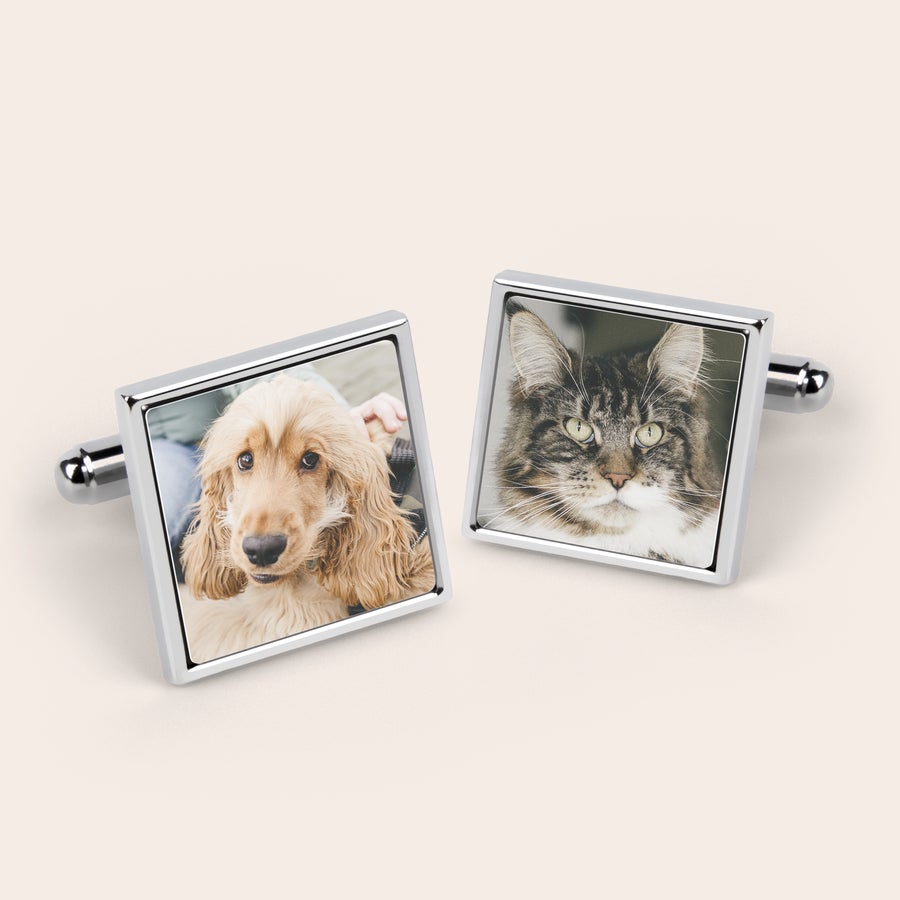 Gemelli Personalizzati Gemelli personalizzati in rodio color argento con foto di un cucciolo e un gatto