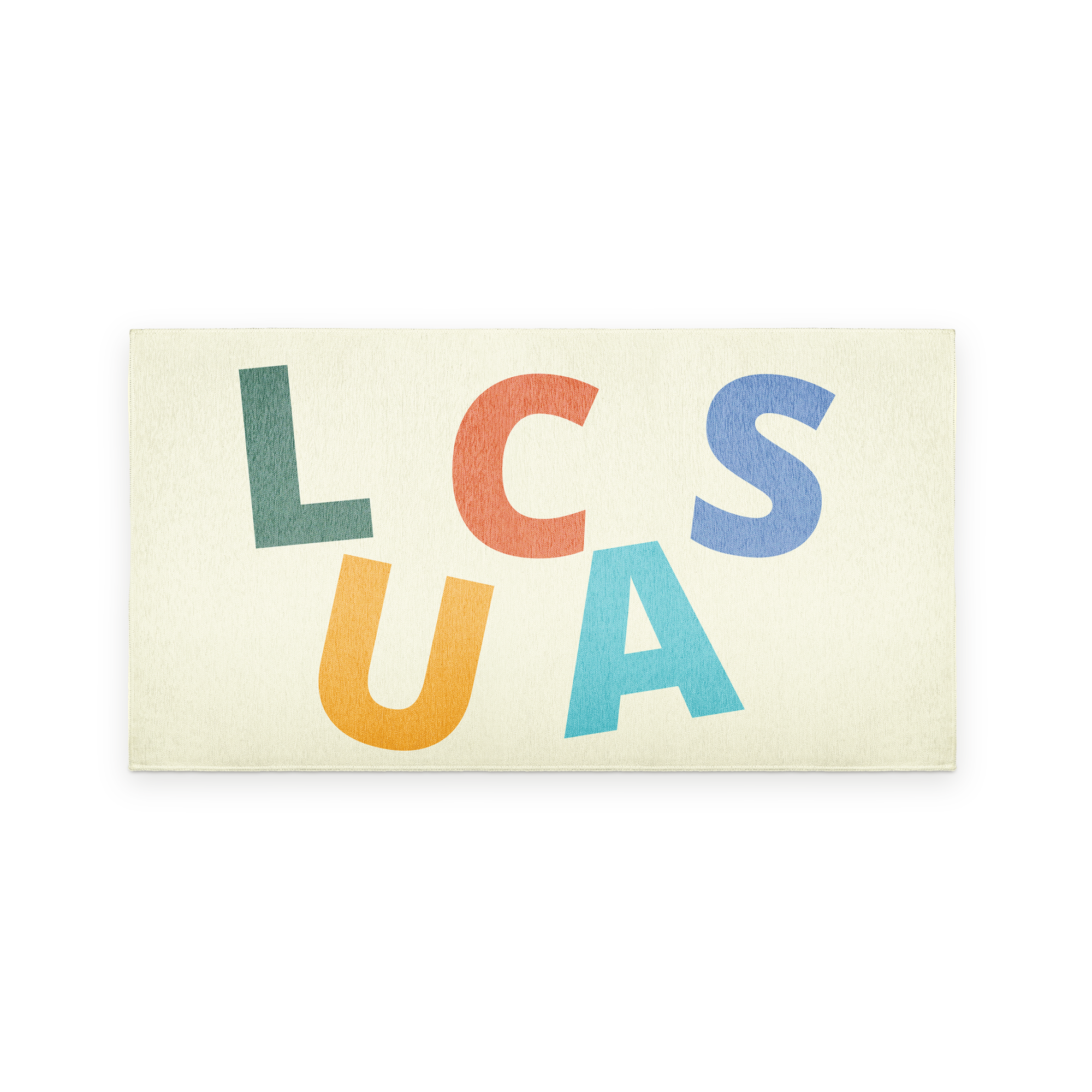Personalised play mat 150 x 80 cm with colorful letters L C S U A printed on it