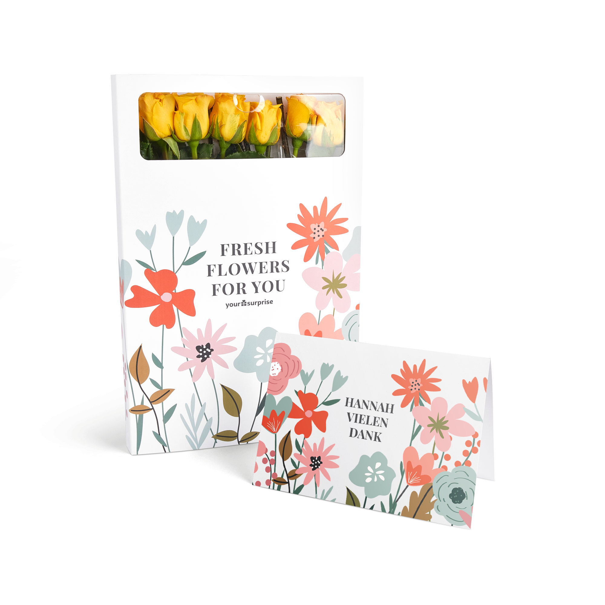 Gelbe Briefkastenblumen in einer floral bedruckten Box mit personalisierter Karte "Hannah vielen Dank".
