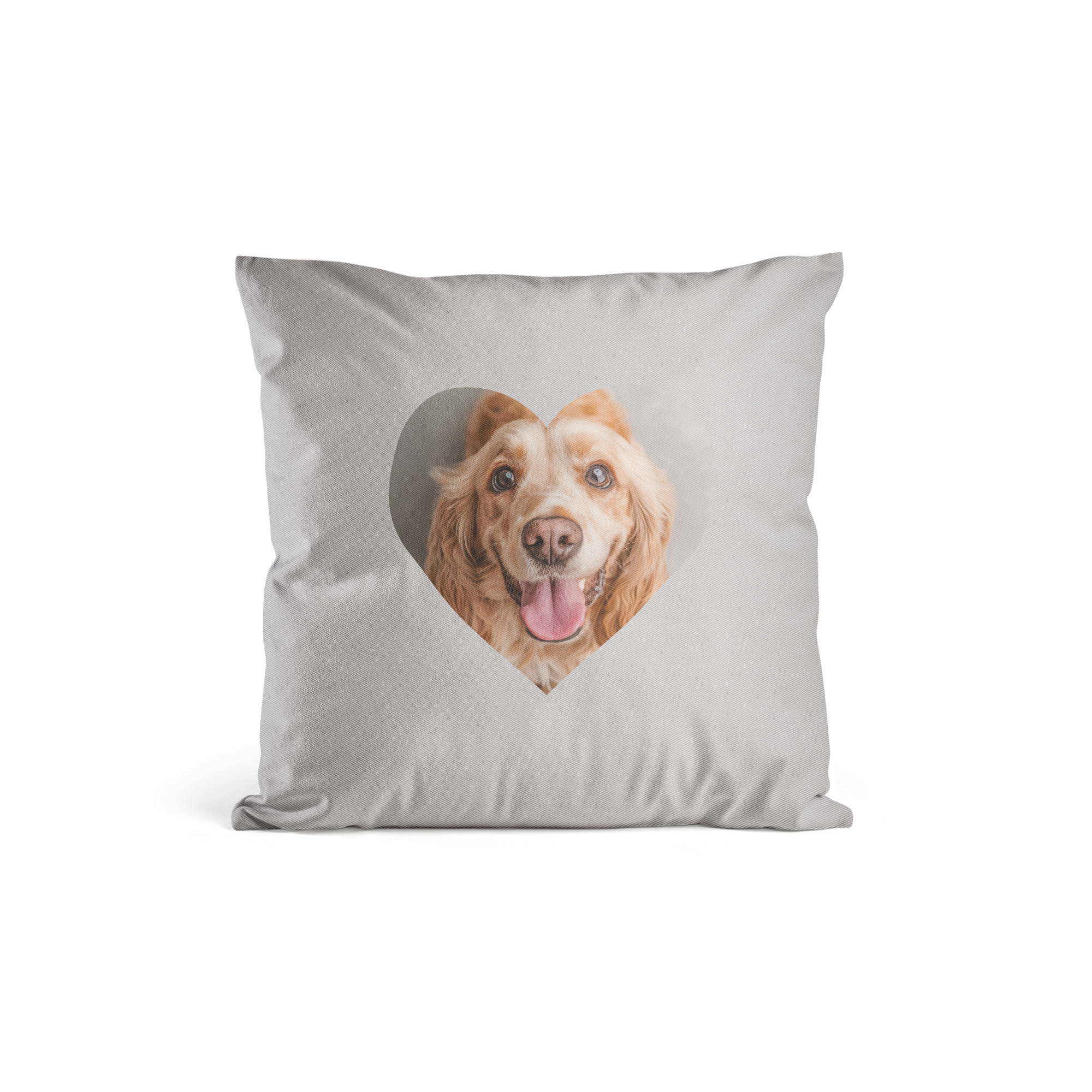 Grauer Kissenbezug mit einem lächelnden Hundefoto in Herzform bedruckt. Überrasche deine Liebsten mit einem super weichen Kissenbezug mit Foto!