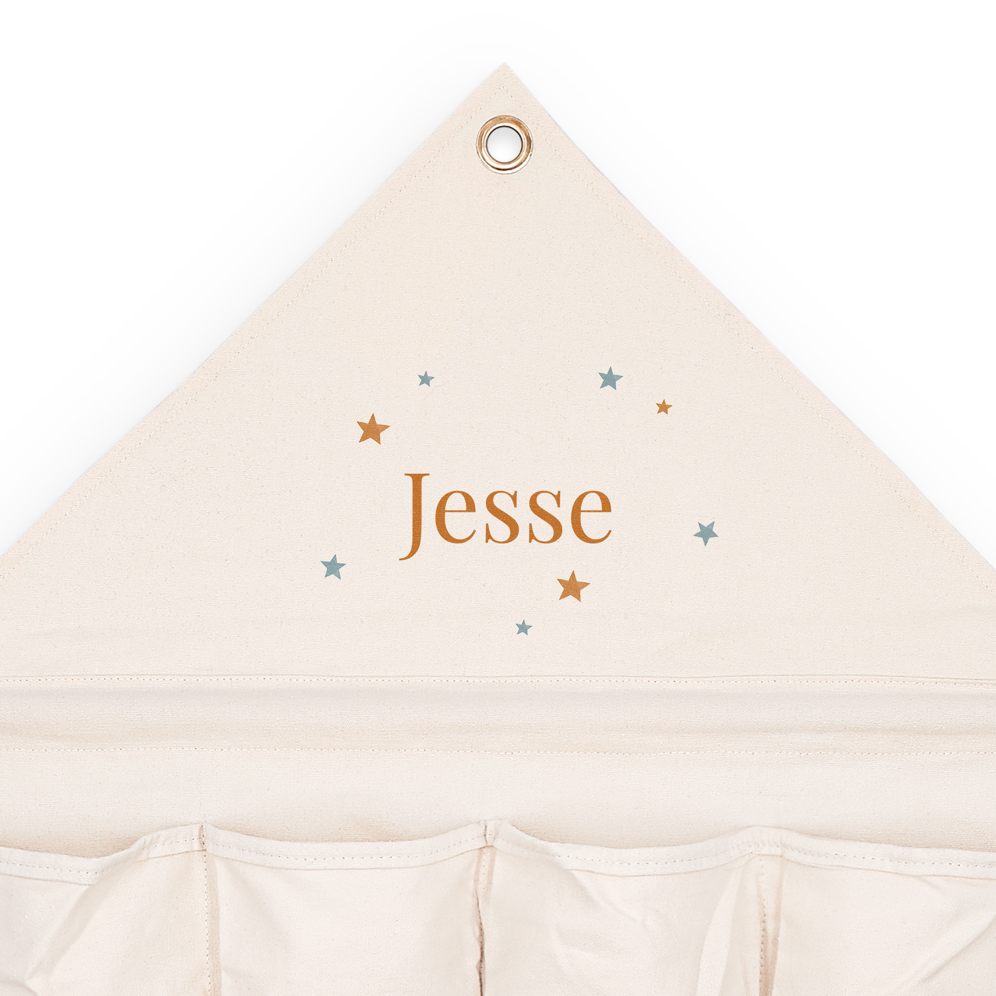 Organizador de bolso de tecido personalizado com o nome "Jesse" impresso e estrelas azuis e douradas.