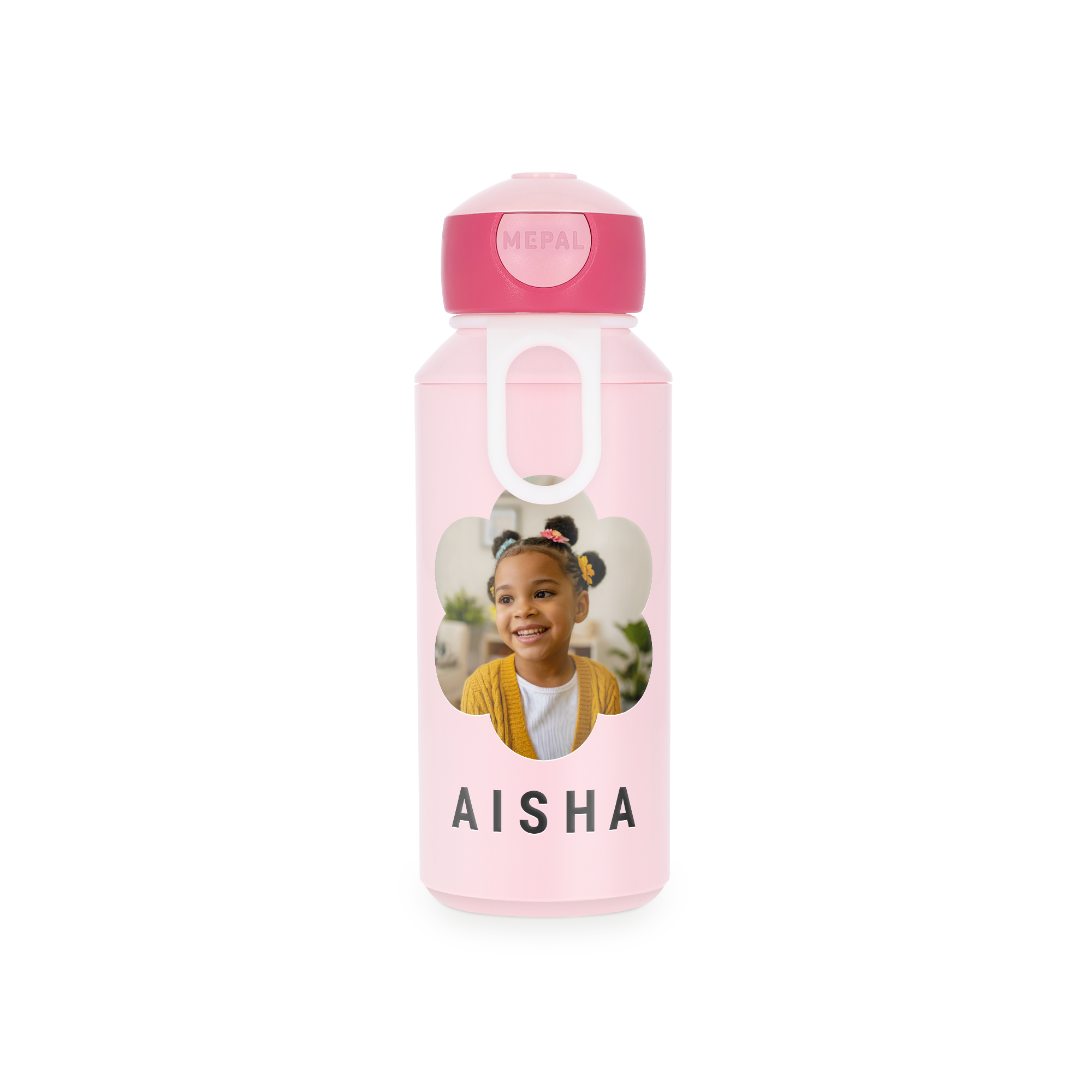 Rosa Mepal Trinkflasche mit aufgedrucktem Foto eines Kindes und dem Namen "AISHA" als Ihr Name auf der Flasche.