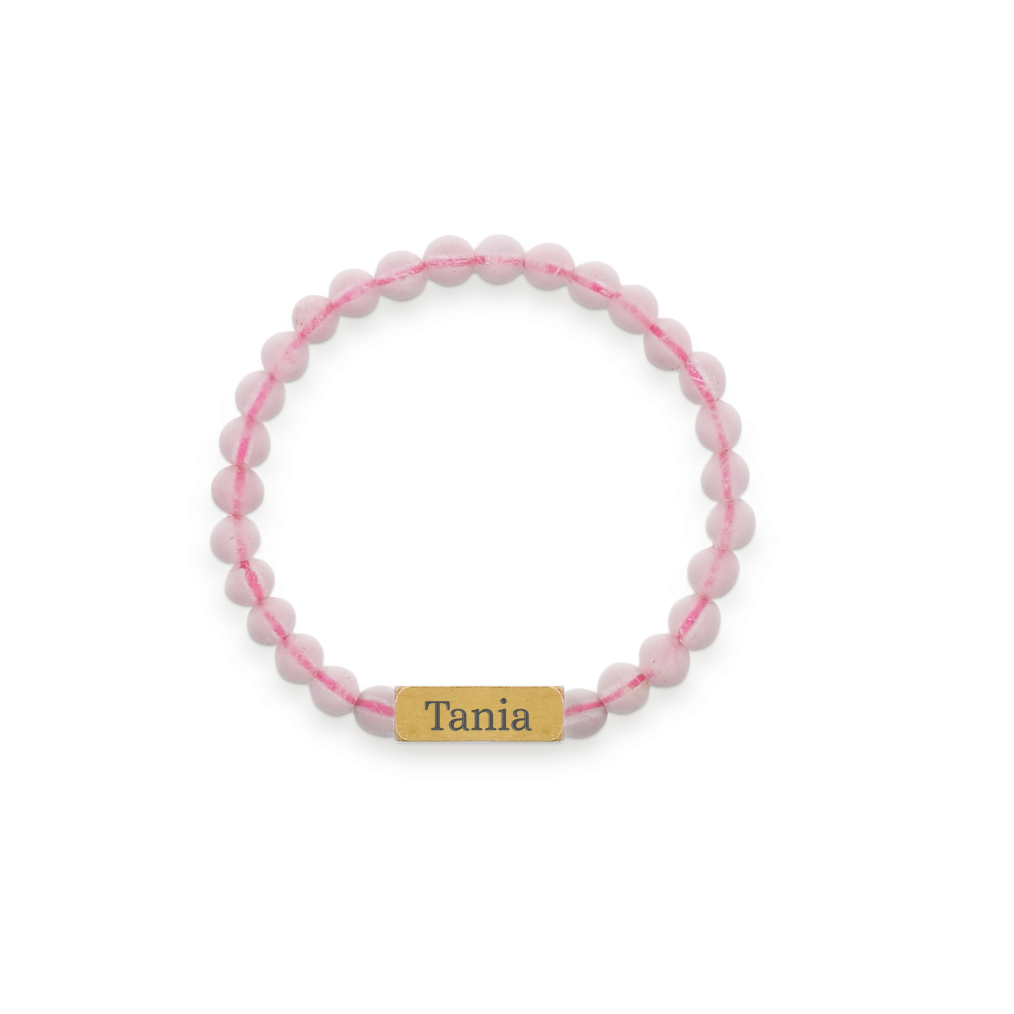 Armbånd med graveret rosenkvarts til børn i XS med 4mm perler og forgyldt plade med navnet Tania