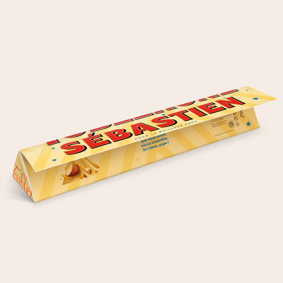 Toblerone personnalisé - Fête des Pères Toblerone Fête des Pères personnalisé avec prénom Sébastien et un message doux pour papa imprimé.